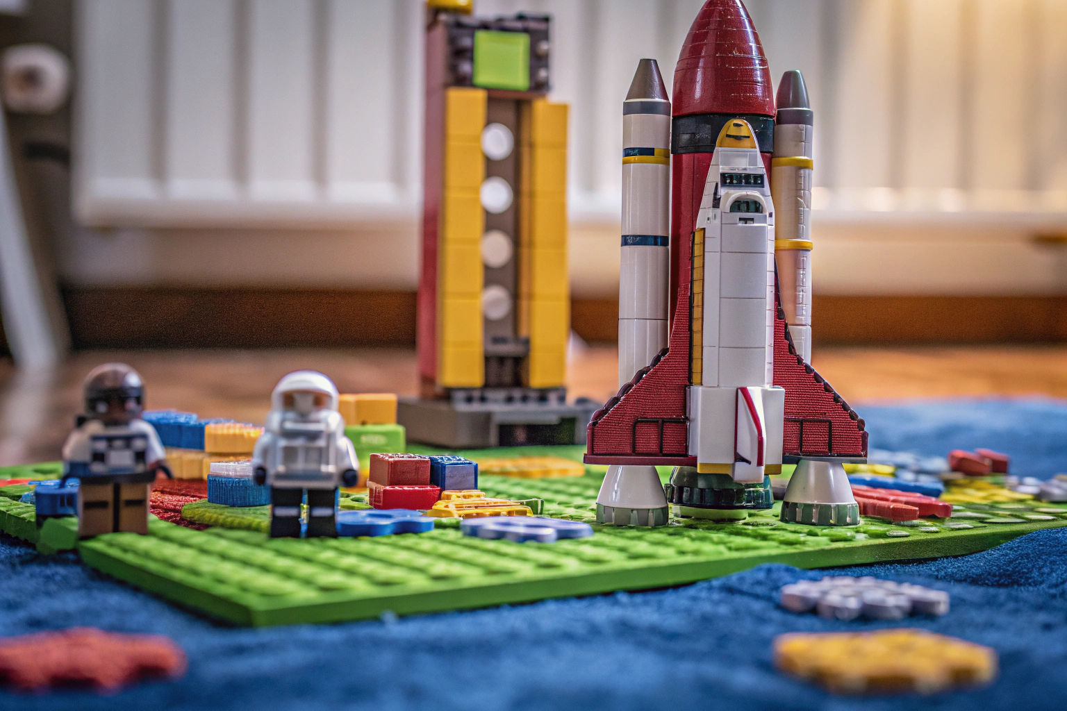 Kinder, die ein LEGO Spaceshuttle bauen und spielen. Kinder bauen LEGO Spaceshuttle