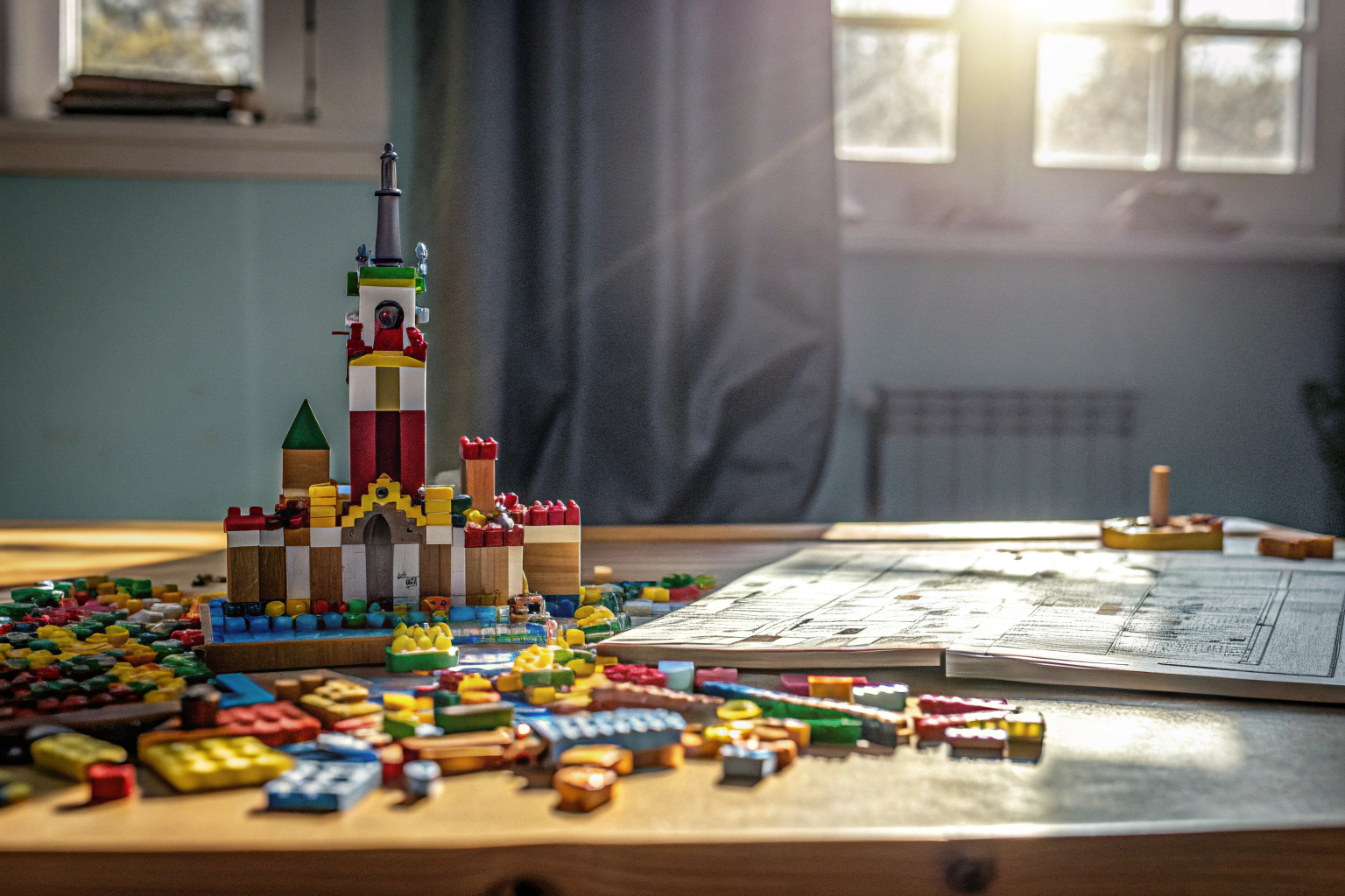 Kinder, die gemeinsam an einem LEGO-Projekt arbeiten. Kinder bauen gemeinsam mit LEGO