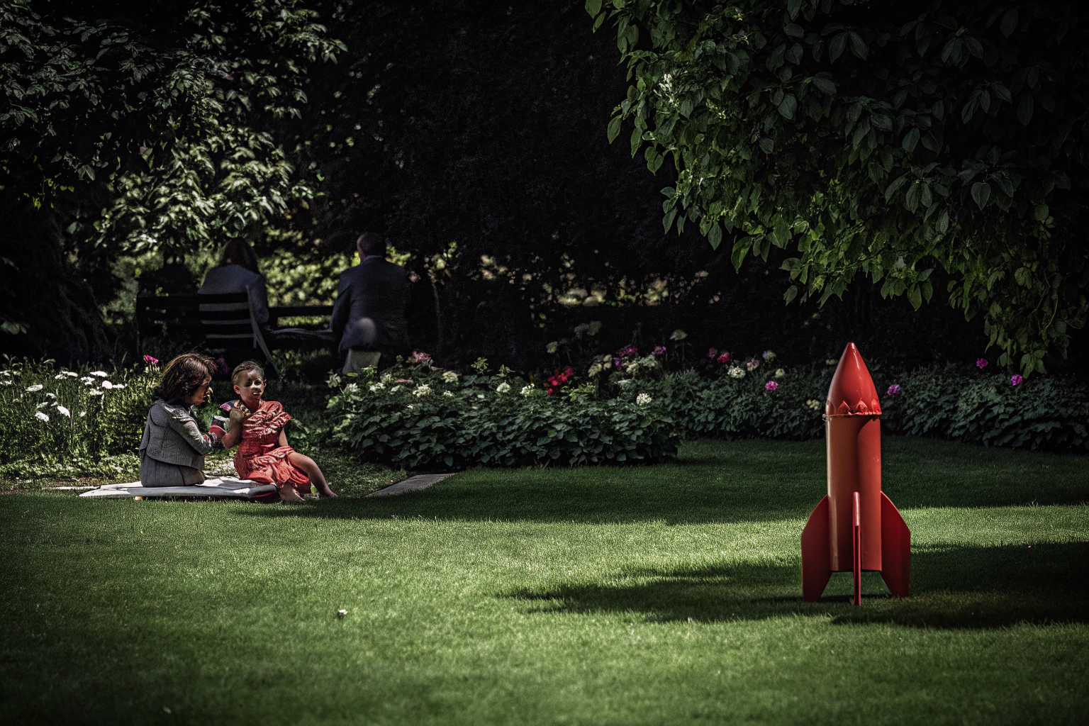 Kinder, die im Garten mit einem Raketenspielzeug spielen, während ihre Eltern zuschauen. Kinder spielen mit Raketenspielzeug im Garten