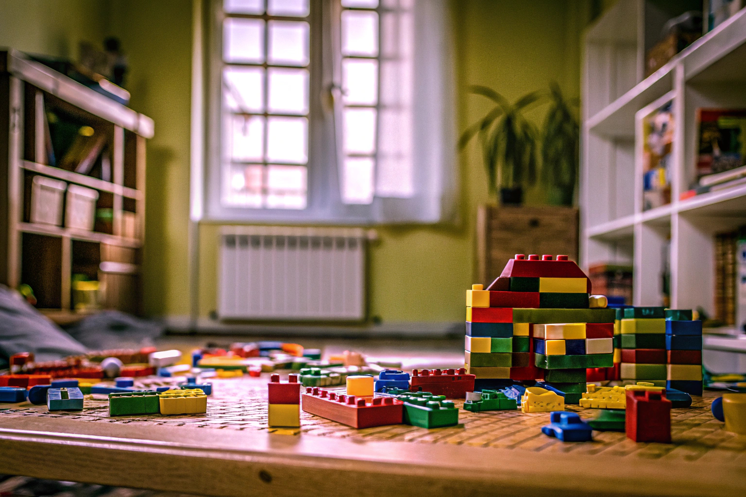 Kinder, die konzentriert mit LEGO-Steinen spielen, auf einem Tisch verteilt. Kinder spielen mit LEGO