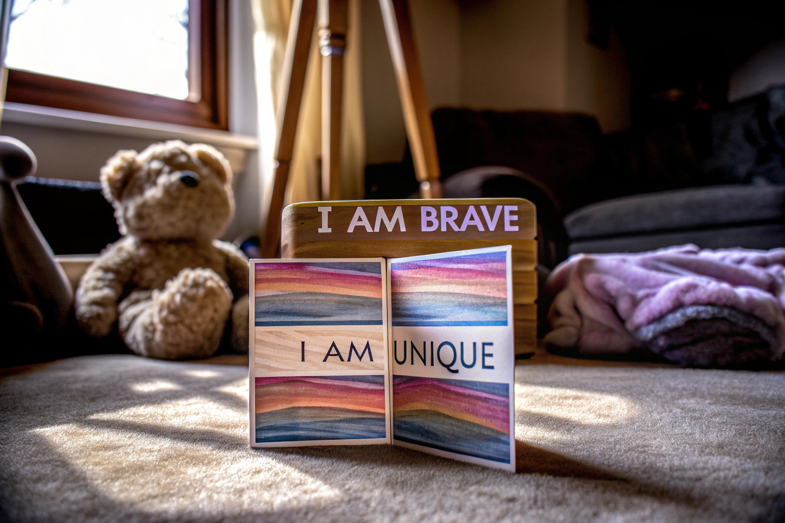 Kinder, die mit Affirmationskarten spielen und positive Aussagen wiederholen. Kinder spielen mit Affirmationskarten