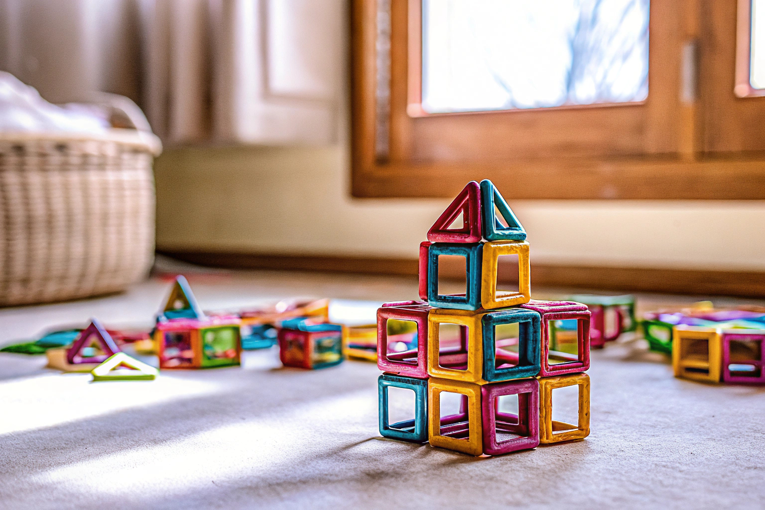 Kinder, die mit bunten magnetischen Bausteinen spielen. Kinder mit bunten magnetischen Bausteinen