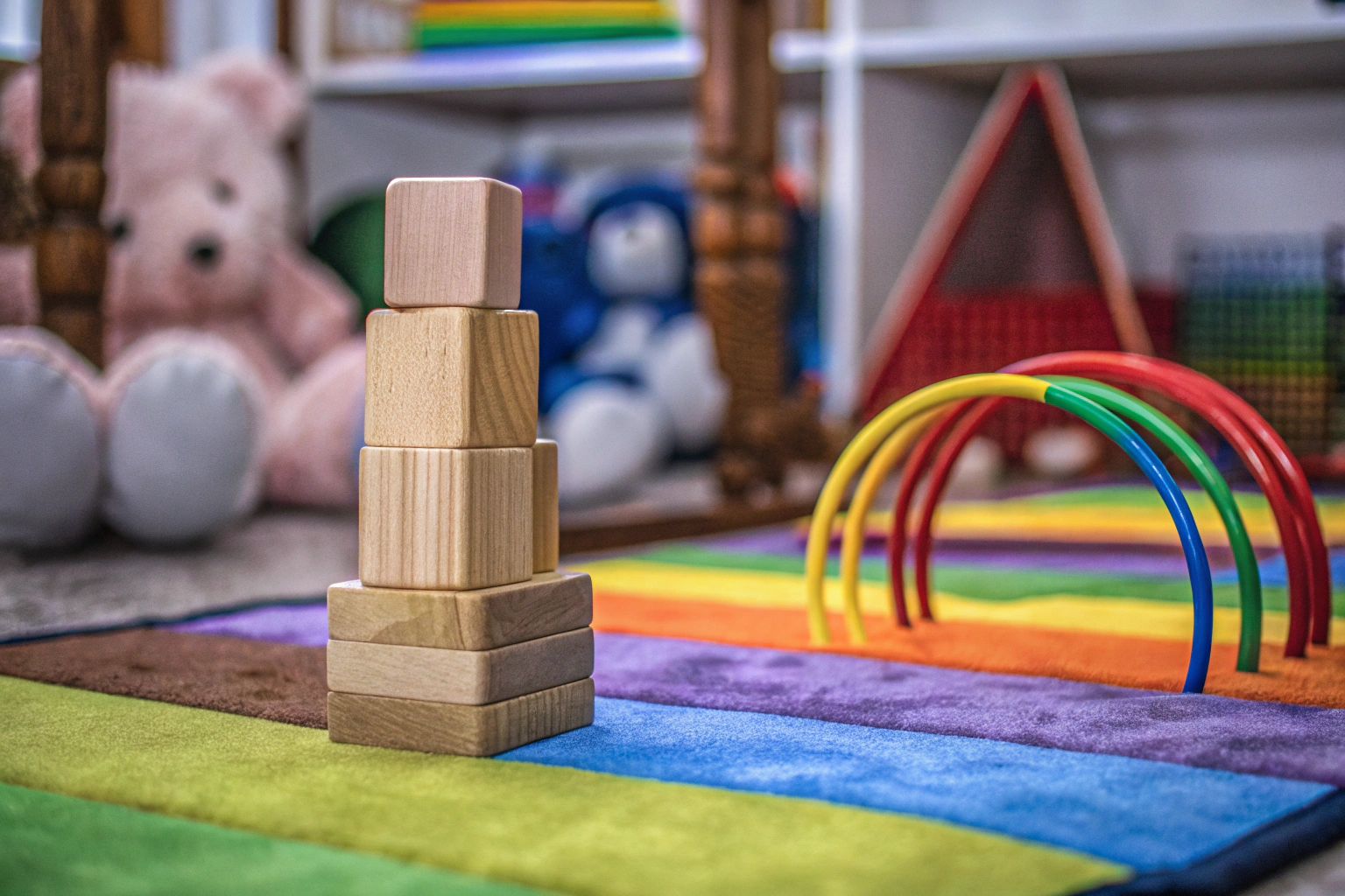 Kinder, die mit bunten Montessori-Spielzeugen spielen, um ihre motorischen Fähigkeiten zu fördern. Kinder spielen mit Montessori-Spielzeugen