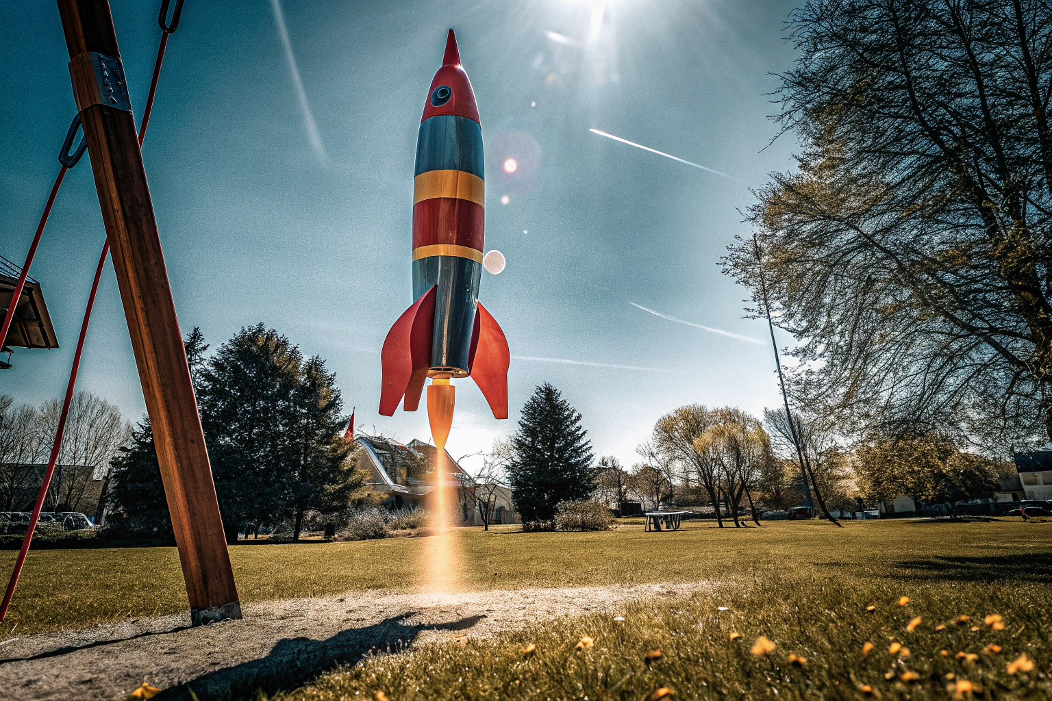 Kinder, die mit dem HappyKidsClub Raketenspielzeug spielen Kinder spielen mit Raketenspielzeug im Freien