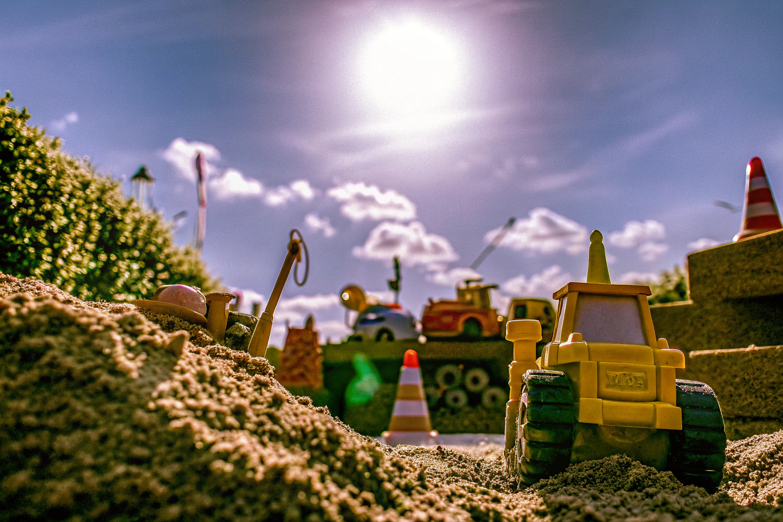Kinder, die mit dem Kiztoys Bagger Spielzeug auf einer Baustelle spielen. Bagger Spielzeug für Kinder