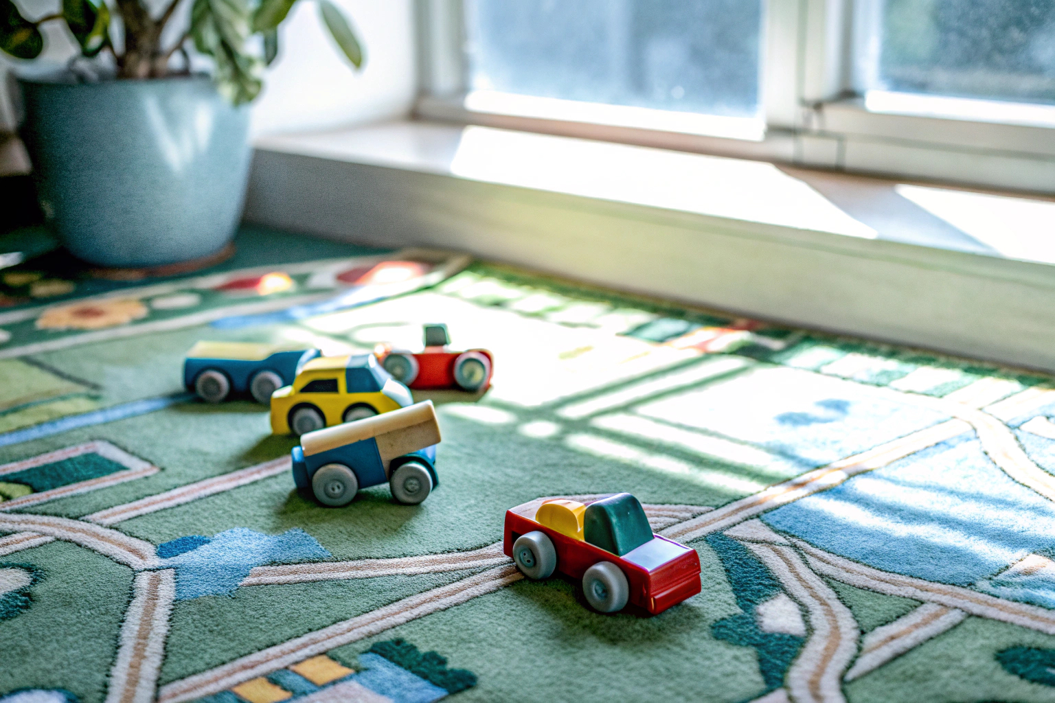 Kinder, die mit den farbenfrohen Holzautos auf einem Spielteppich spielen. Kinder spielen mit Holzautos