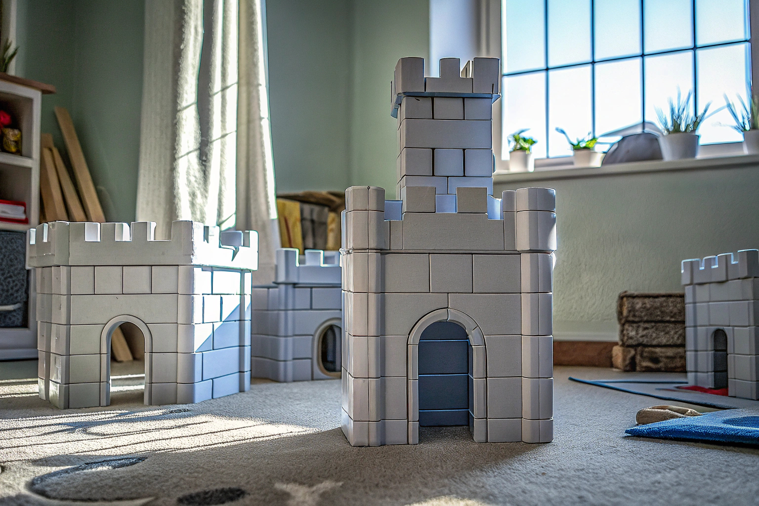 Kinder, die mit den Tiny Land DIY Höhlen-Konstruktionsspielzeugen eine Festung bauen. Kinder bauen mit Tiny Land Konstruktionsspielzeug