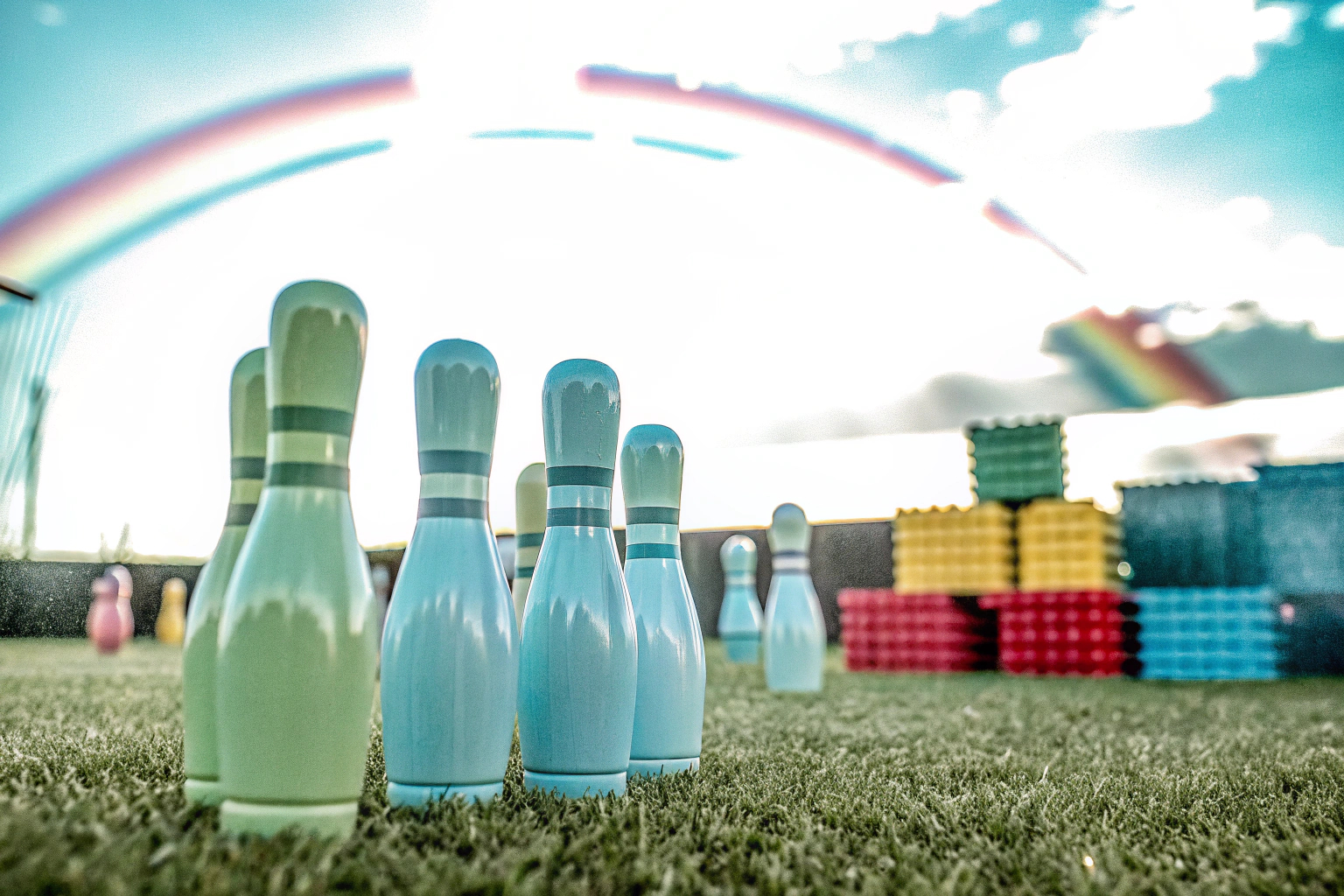 Kinder, die mit einem bunten Bowling-Set spielen, lachen und Spaß haben. Kinder spielen Bowling