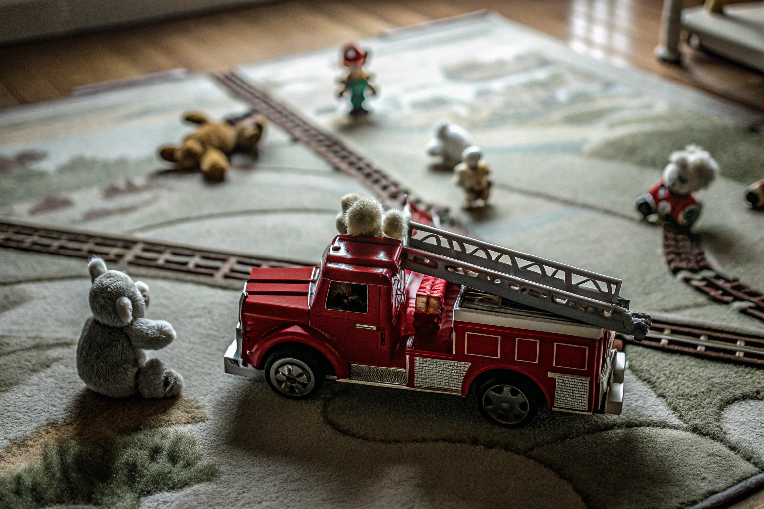 Kinder, die mit einem Feuerwehrauto-Spielzeug spielen und dabei in verschiedene Rollen schlüpfen. Kinder mit Feuerwehrauto-Spielzeug