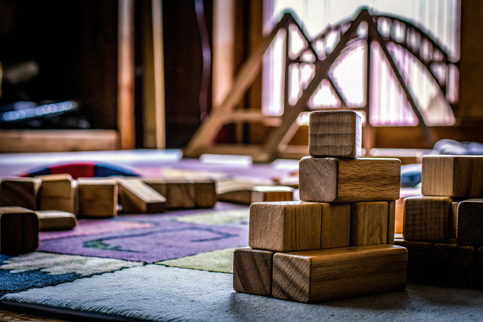 Kinder, die mit einem Holzbaukasten spielen und verschiedene Modelle kreieren. Holzbaukasten für Kinder