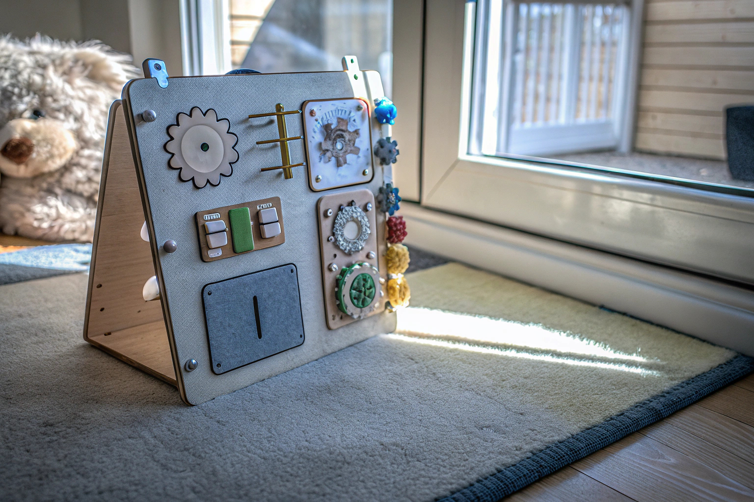 Kinder, die mit einem Montessori Busy Board spielen Kinder spielen mit Montessori Busy Board