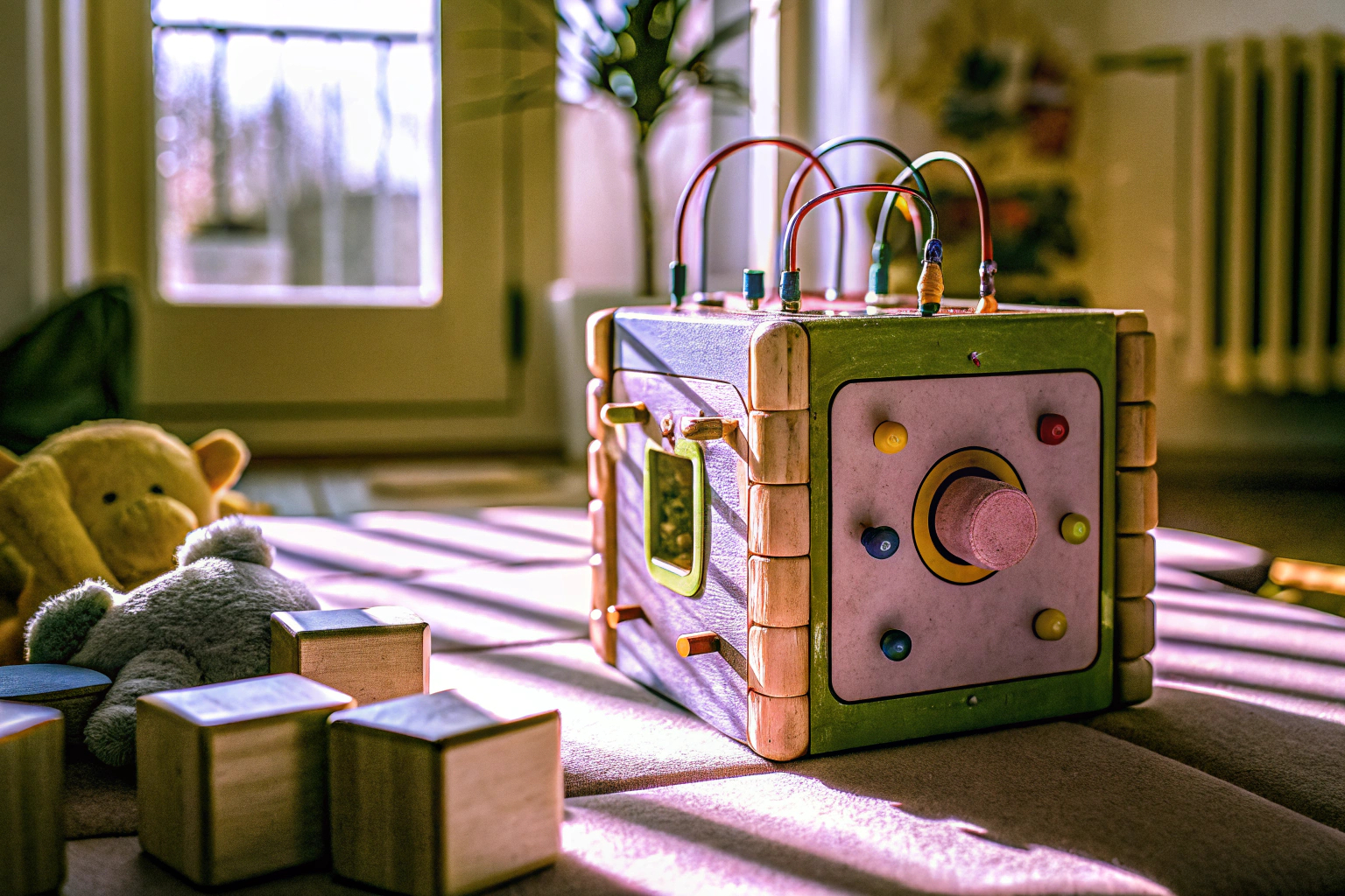 Kinder, die mit einem Montessori-Motorikwürfel spielen, um ihre kognitive Entwicklung zu fördern. Kinder spielen mit Motorikwürfel