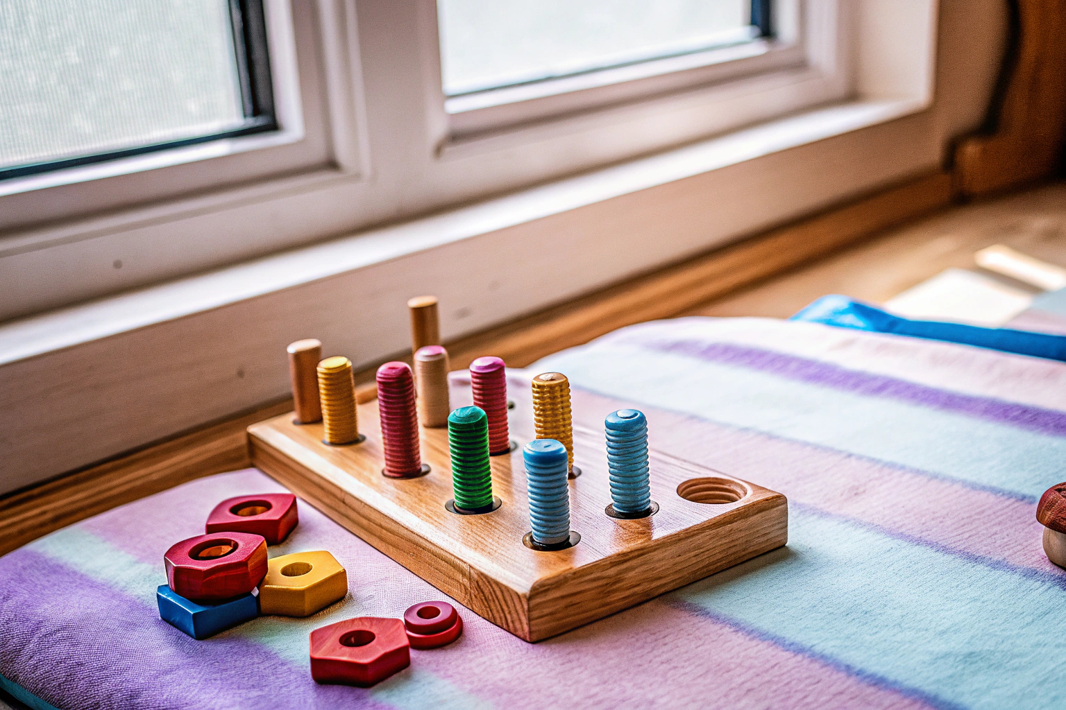 Kinder, die mit einem Montessori Schraubbrett spielen. Montessori Schraubbrett