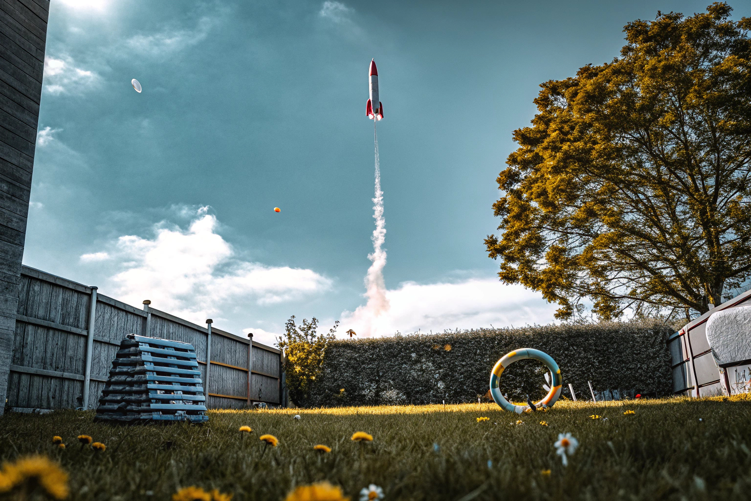 Kinder, die mit einem Raketenspielzeug im Garten spielen. Raketenspielzeug im Garten