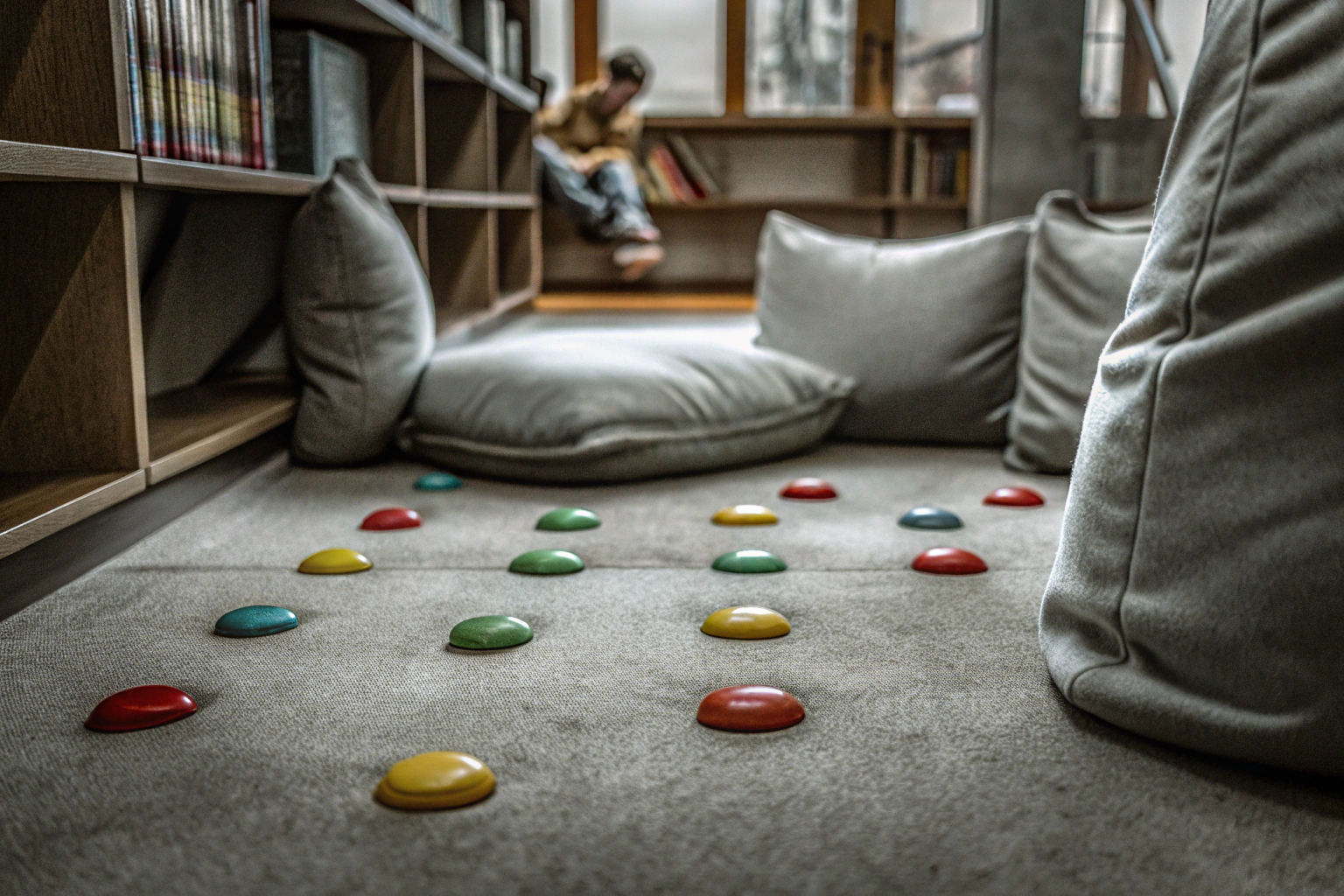 Kinder, die mit einem Sensorik Spielzeug Set spielen, umgeben von bunten fruchtförmigen Steinen. Kinder spielen mit Sensorik Spielzeug