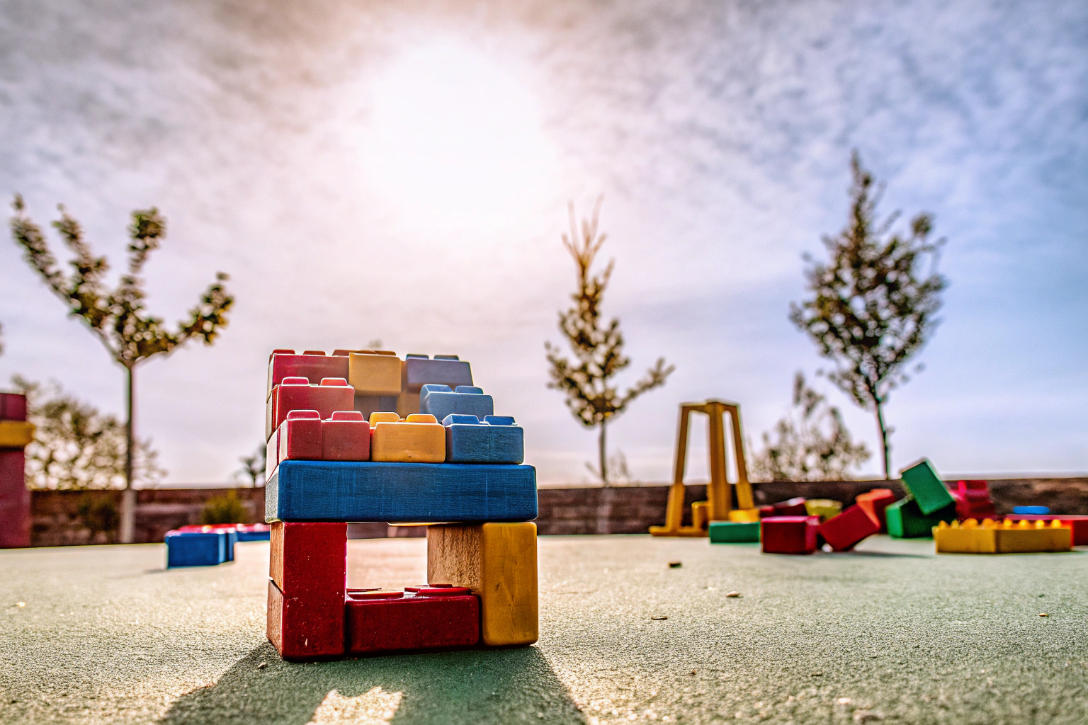 Kinder, die mit großen bunten Bausteinen spielen und ein Gebäude errichten Kinder spielen mit großen Bausteinen