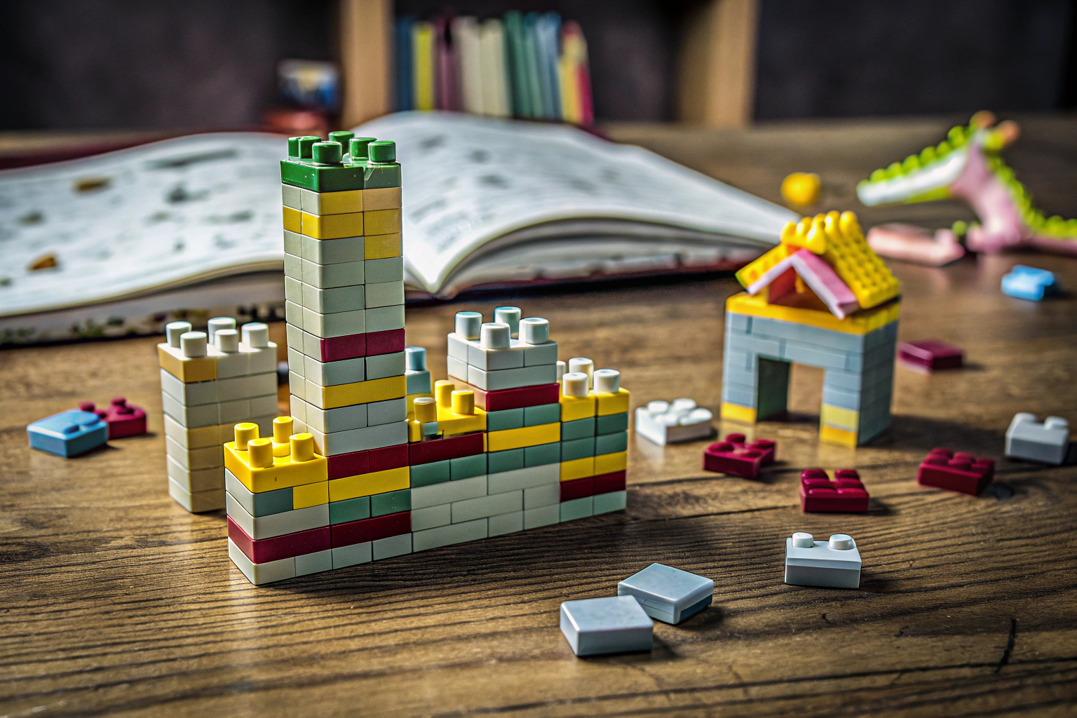 Kinder, die mit LEGO-Steinen eine Geschichte erschaffen. Kinder, die mit LEGO spielen und Geschichten erzählen