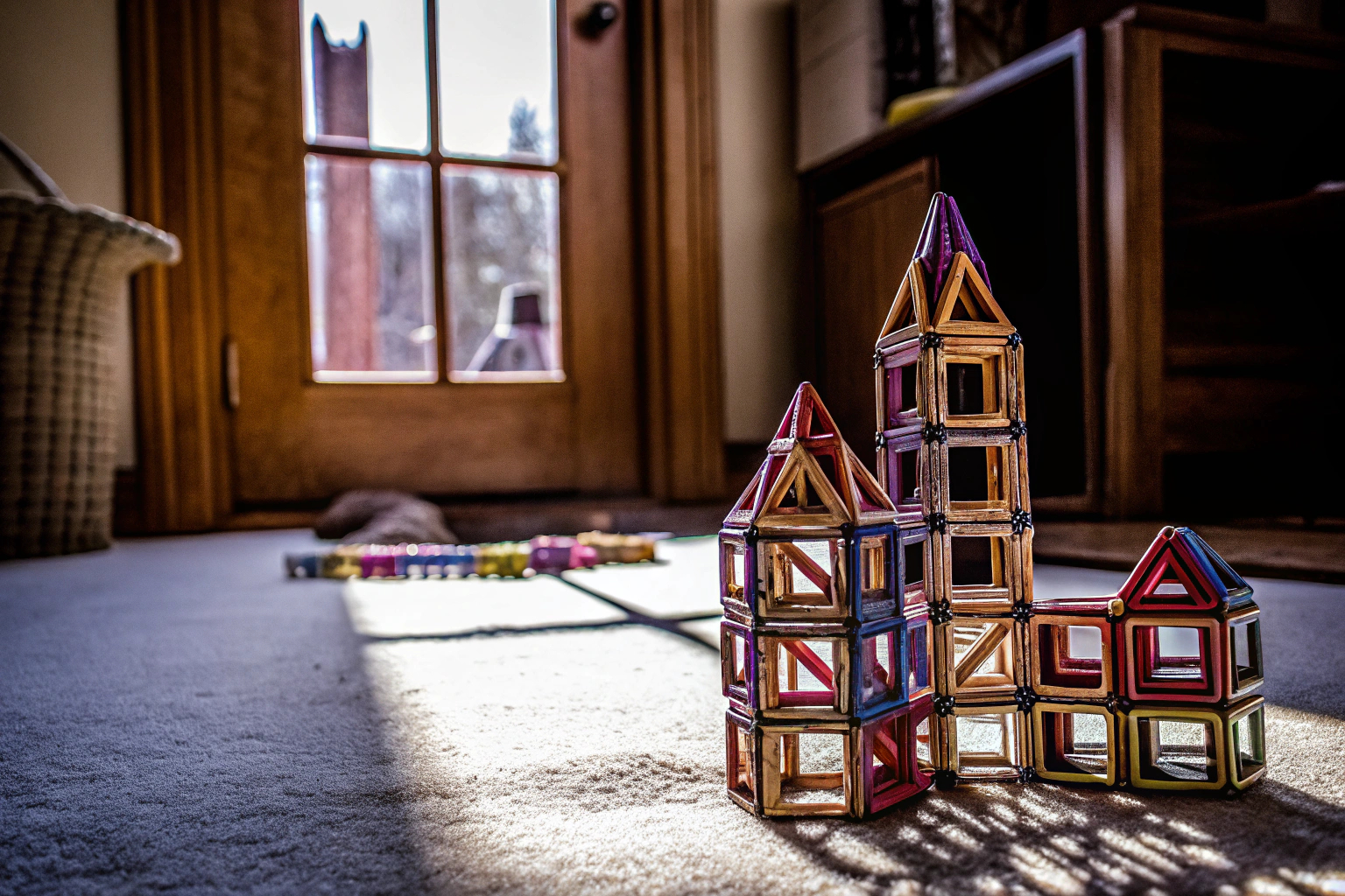 Kinder, die mit magnetischen Bausteinen spielen und kreative Strukturen bauen. Kinder spielen mit magnetischen Bausteinen