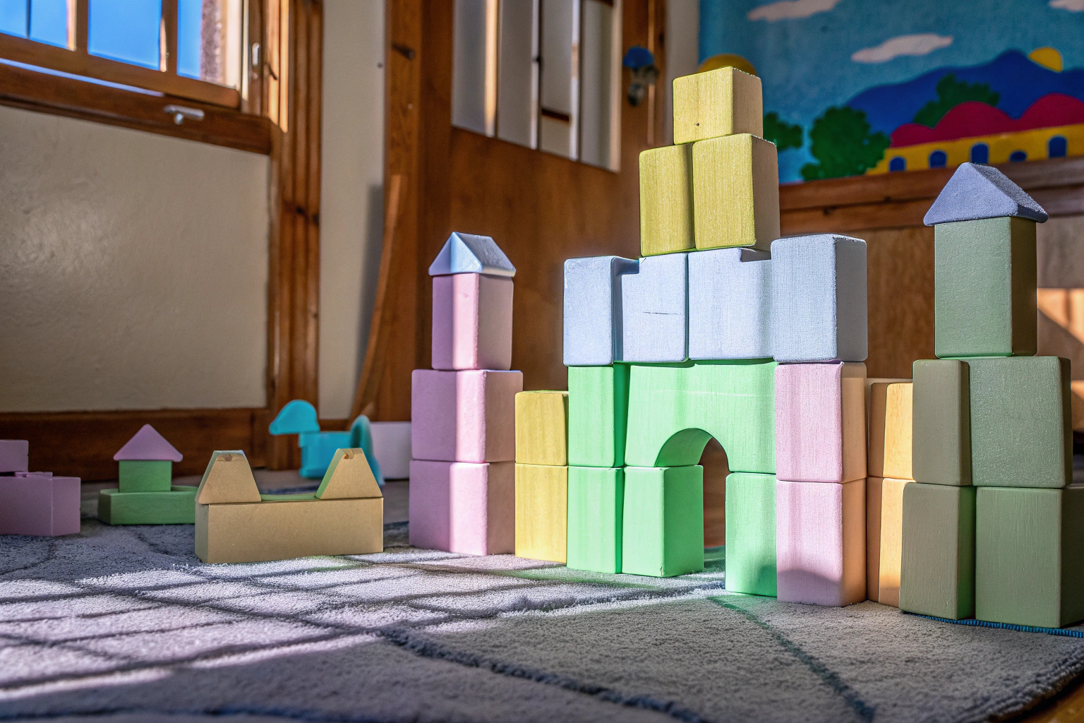 Kinder, die mit pastellfarbenen Holzbausteinen spielen und kreative Strukturen bauen. Pastellfarbene Holzbausteine im Spiel