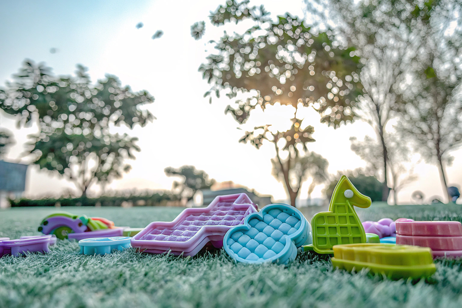 Kinder, die mit Pop Bubble Fidget Toys spielen, umgeben von bunten Blasenformen. Kinder spielen mit Pop Bubble Fidget Toys