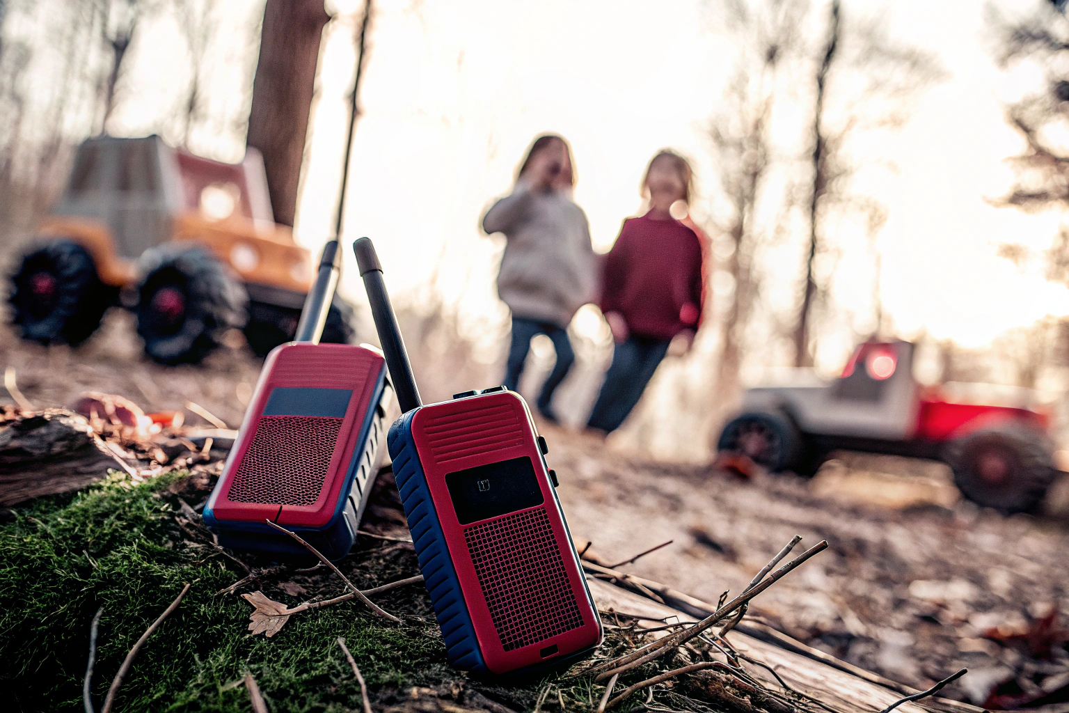 Kinder, die mit Tesoyzii Walkie Talkies im Freien spielen und Abenteuer erleben. Walkie Talkies für Kinder