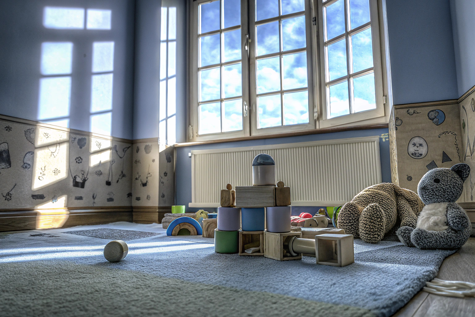 Kinder, die mit verschiedenen Entwicklungsspielzeugen spielen, umgeben von einer kreativen und farbenfrohen Umgebung. Kinder spielen mit Entwicklungsspielzeugen