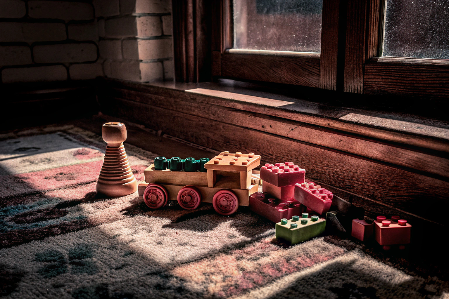 Kinder, die mit verschiedenen Holzspielzeugen spielen, umgeben von bunten Bausteinen. Kinder mit Holzspielzeug