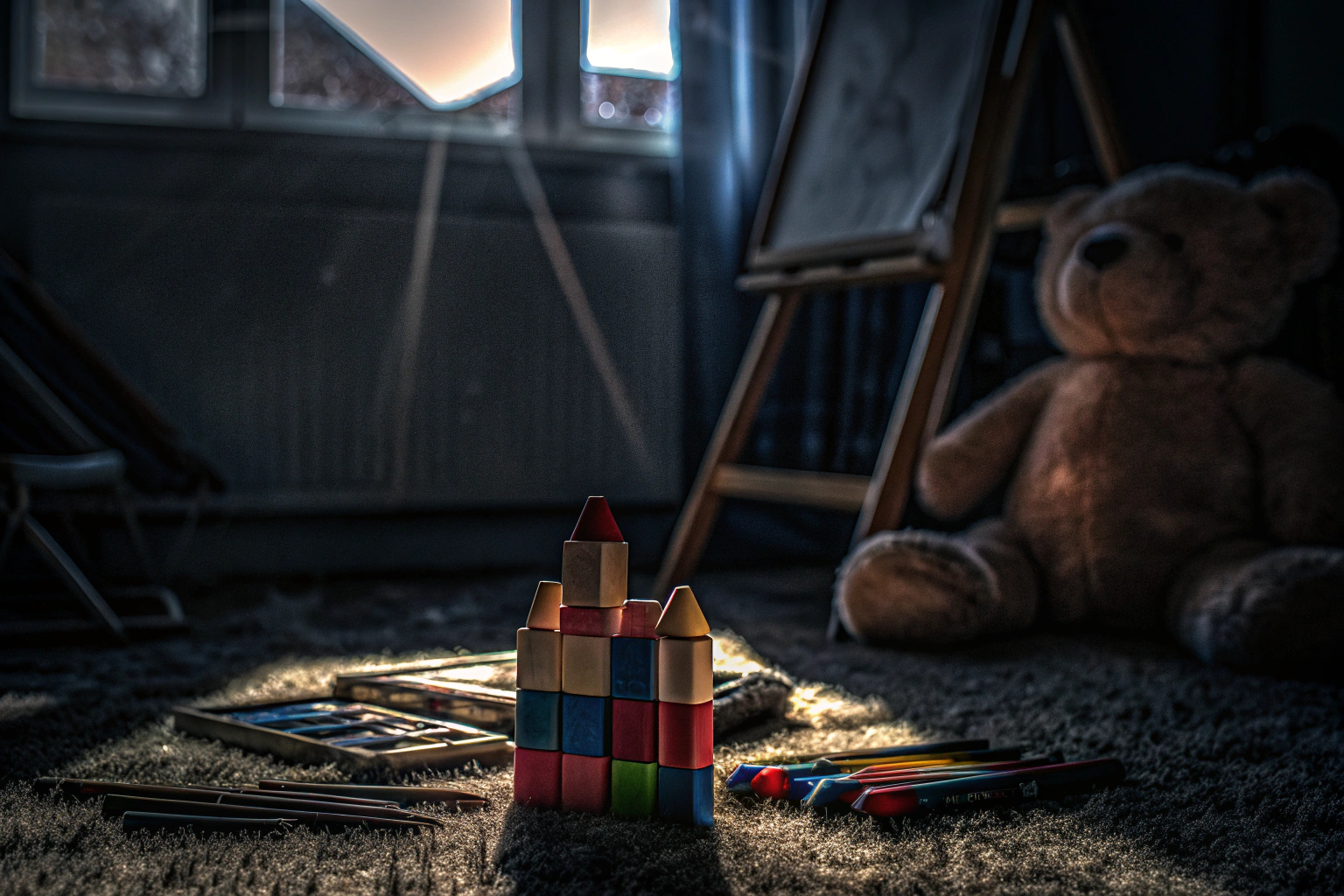 Kinder, die mit verschiedenen kreativen Spielsachen spielen und ihre eigene Fantasiewelt kreieren. Kinder spielen mit kreativem Spielzeug