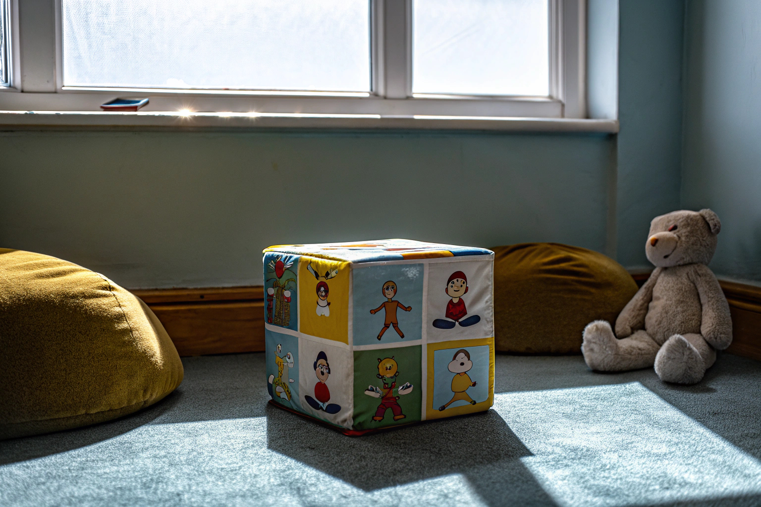Kinder, die Yoga-Übungen mit einem Kinderyoga-Würfel durchführen. Kinder beim Yoga mit Kinderyoga-Würfeln