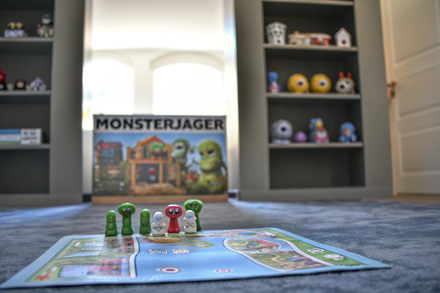 Kinder fangen gemeinsam Monster im Spiel Monsterjäger von Schmidt Spiele. Kinder spielen Monsterjäger