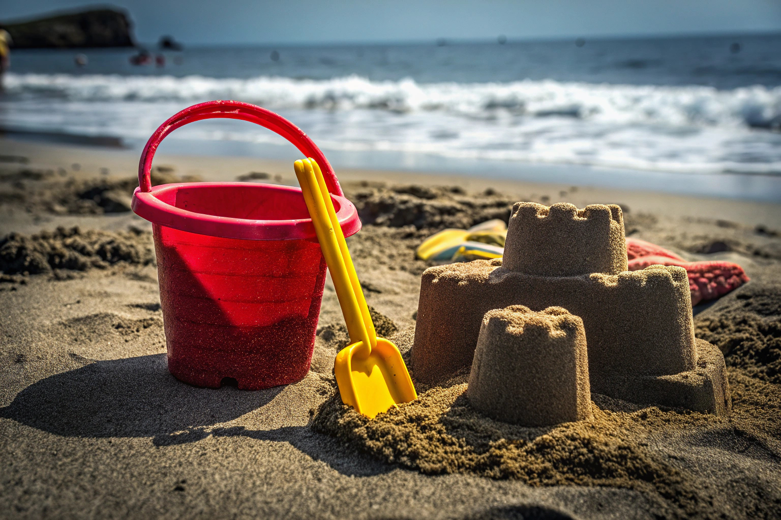 Kinder spielen am Strand mit Sandspielzeug. Kinder am Strand mit Sandspielzeug