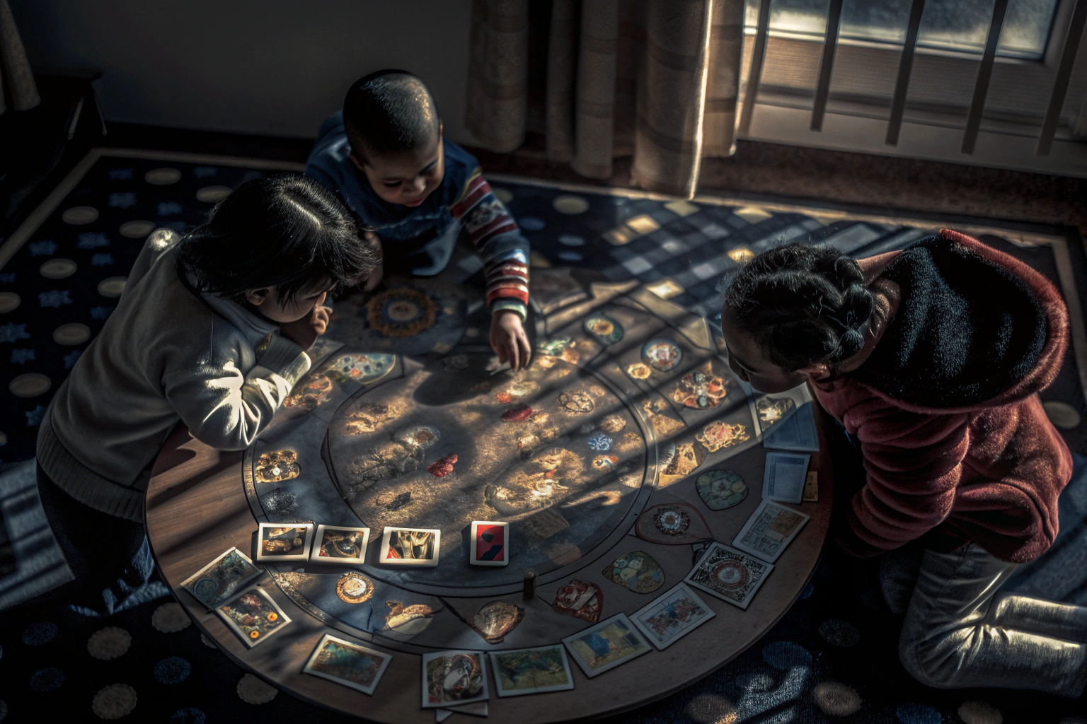 Kinder spielen das Spiel 'Wer Bin ich?' in fröhlicher Runde, während sie versuchen, die Motive zu erraten. Kinder spielen Wer Bin ich?