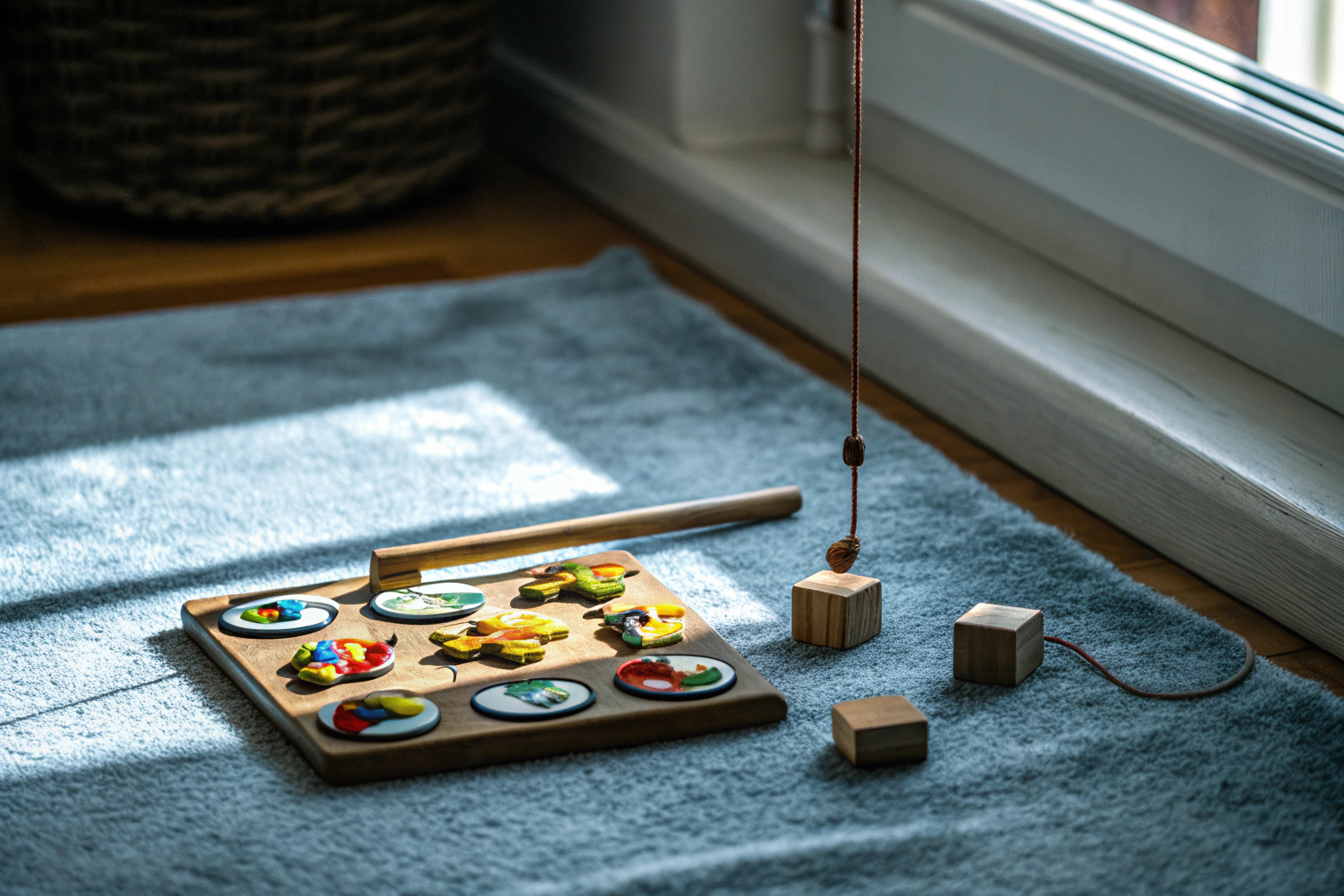 Kinder spielen gemeinsam ein magnetisches Angelspiel aus Holz. Kinder spielen Angelspiel