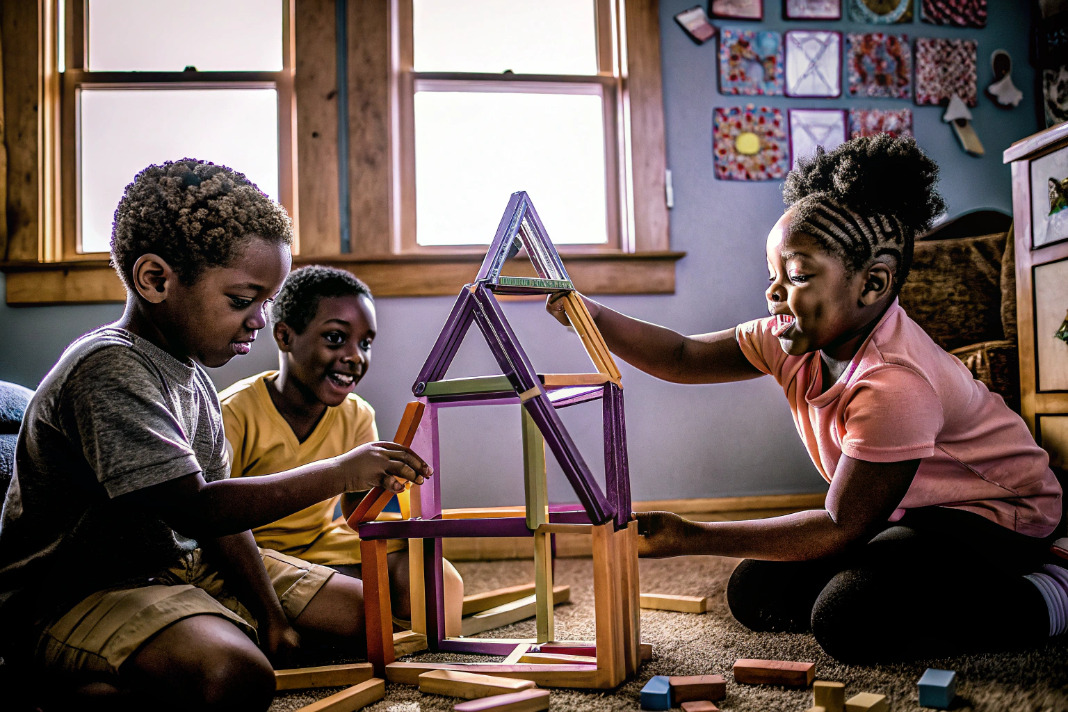 Kinder spielen gemeinsam mit einem Konstruktionsspielzeug. Kinder bauen gemeinsam