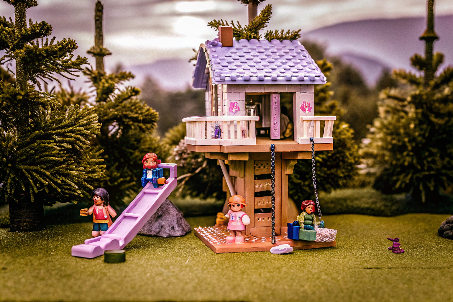 Kinder spielen gemeinsam mit LEGO Friends Baumhaus im Abenteuercamp Kinder spielen mit LEGO Baumhaus