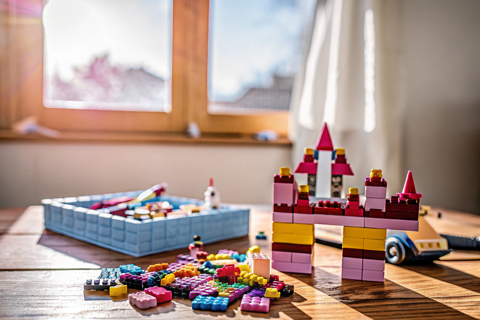 Kinder spielen gemeinsam mit LEGO und bauen fantasievolle Konstruktionen. Kinder beim Lego-Bau
