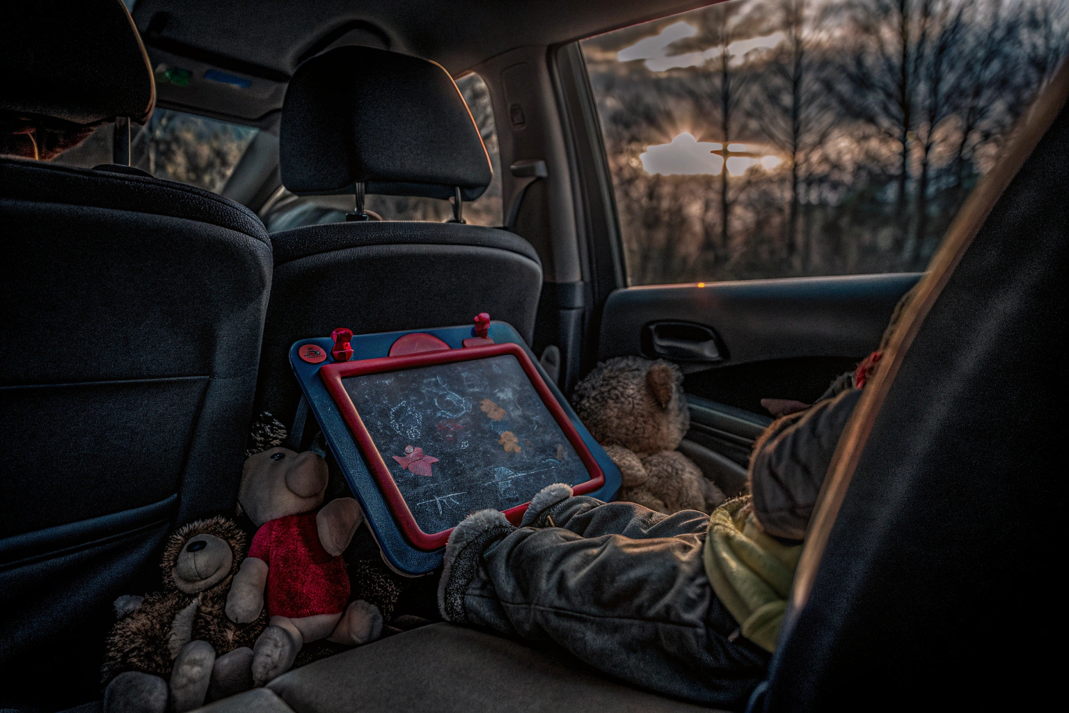 Kinder spielen im Auto mit der magnetischen Zeichentafel. Kinder spielen im Auto mit Zeichentafel