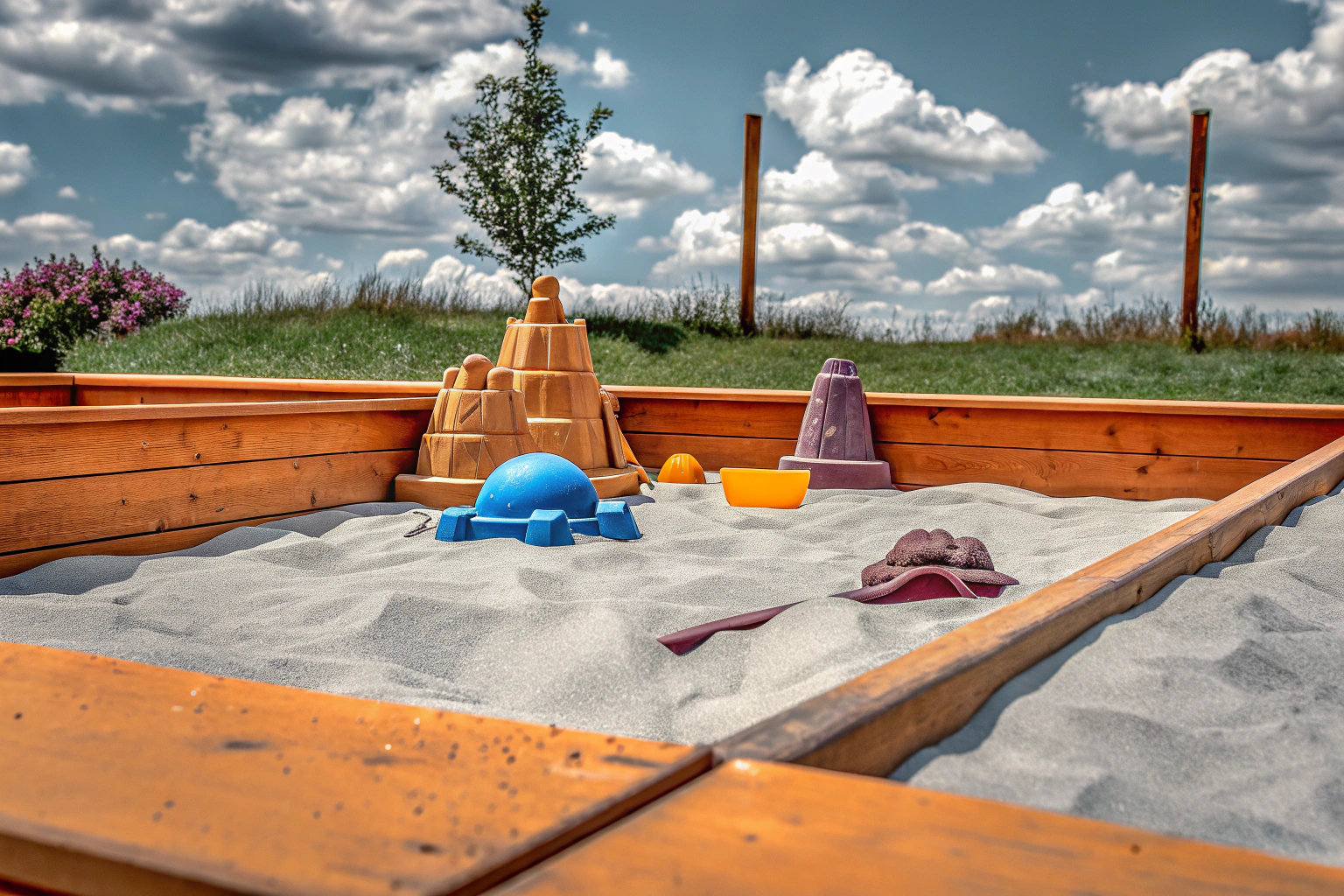 Kinder spielen im Sand mit einem umweltfreundlichen Sandspielset. Kinder im Sandkasten mit umweltfreundlichem Spielzeug