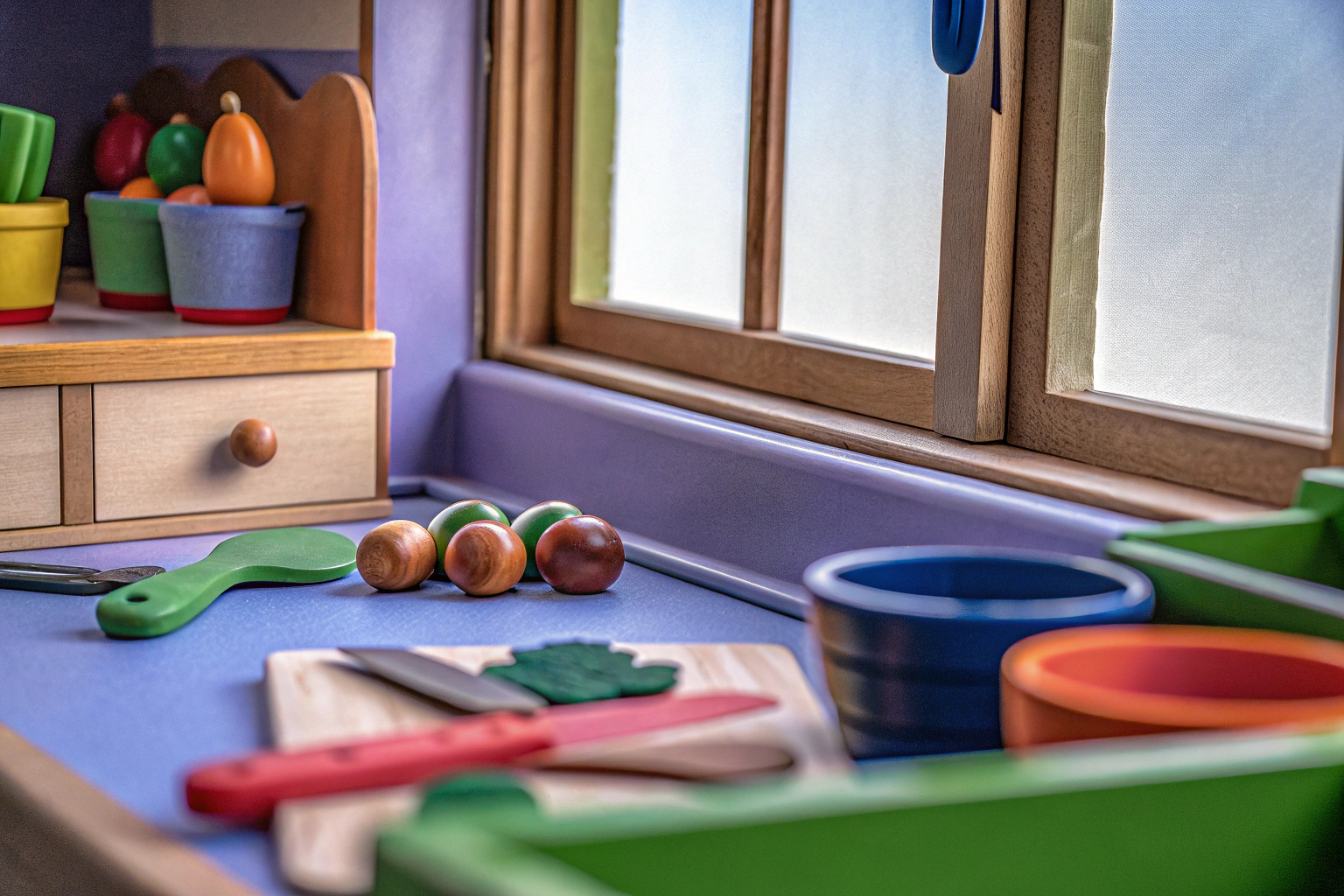 Kinder spielen in einer Spielküche mit verschiedenen Holzspielzeugen, darunter ein kleines Schneidebrett und bunte Lebensmittel. Kinder spielen in einer Spielküche