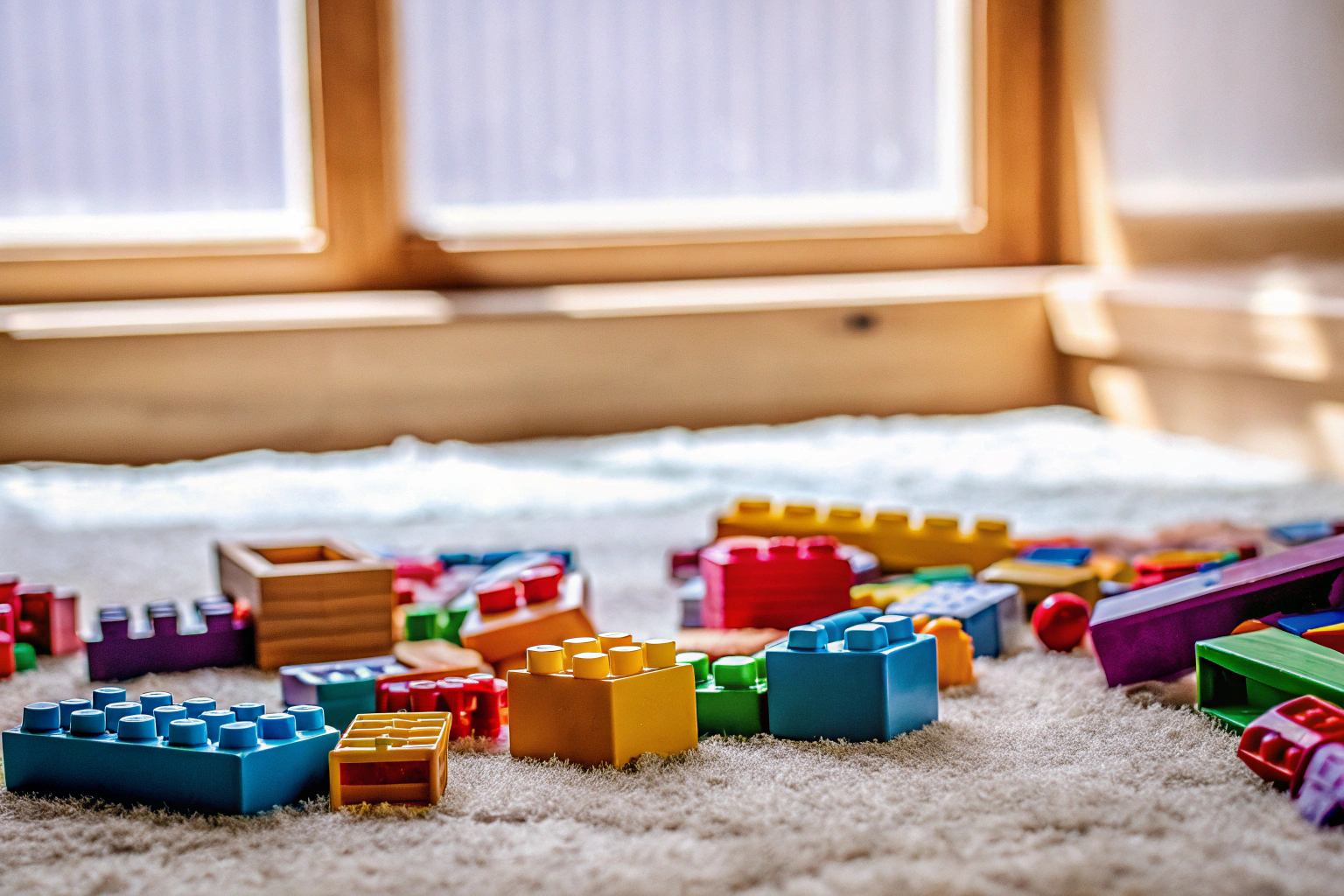 Kinder spielen mit bunten Bauklötzen auf einem Teppich, umgeben von pädagogischem Spielzeug. Kinder spielen mit Bauklötzen