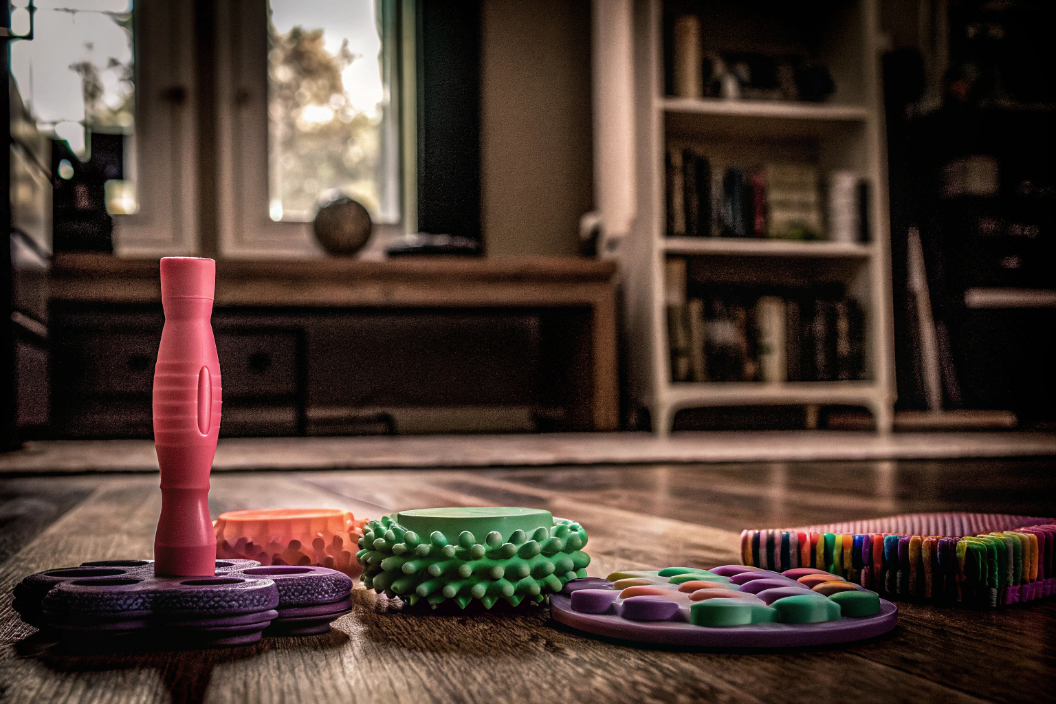 Kinder spielen mit bunten Fidget Toys auf einem Tisch, um Stress abzubauen und die Konzentration zu fördern. Kinder spielen mit Fidget Toys