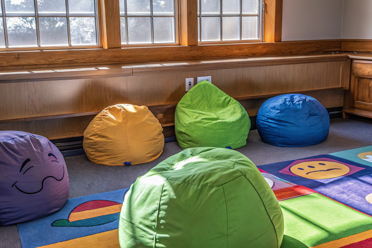 Kinder spielen mit den Gefühle-Beanbags und lernen dabei, ihre Emotionen zu benennen. Kinder mit Gefühle-Beanbags