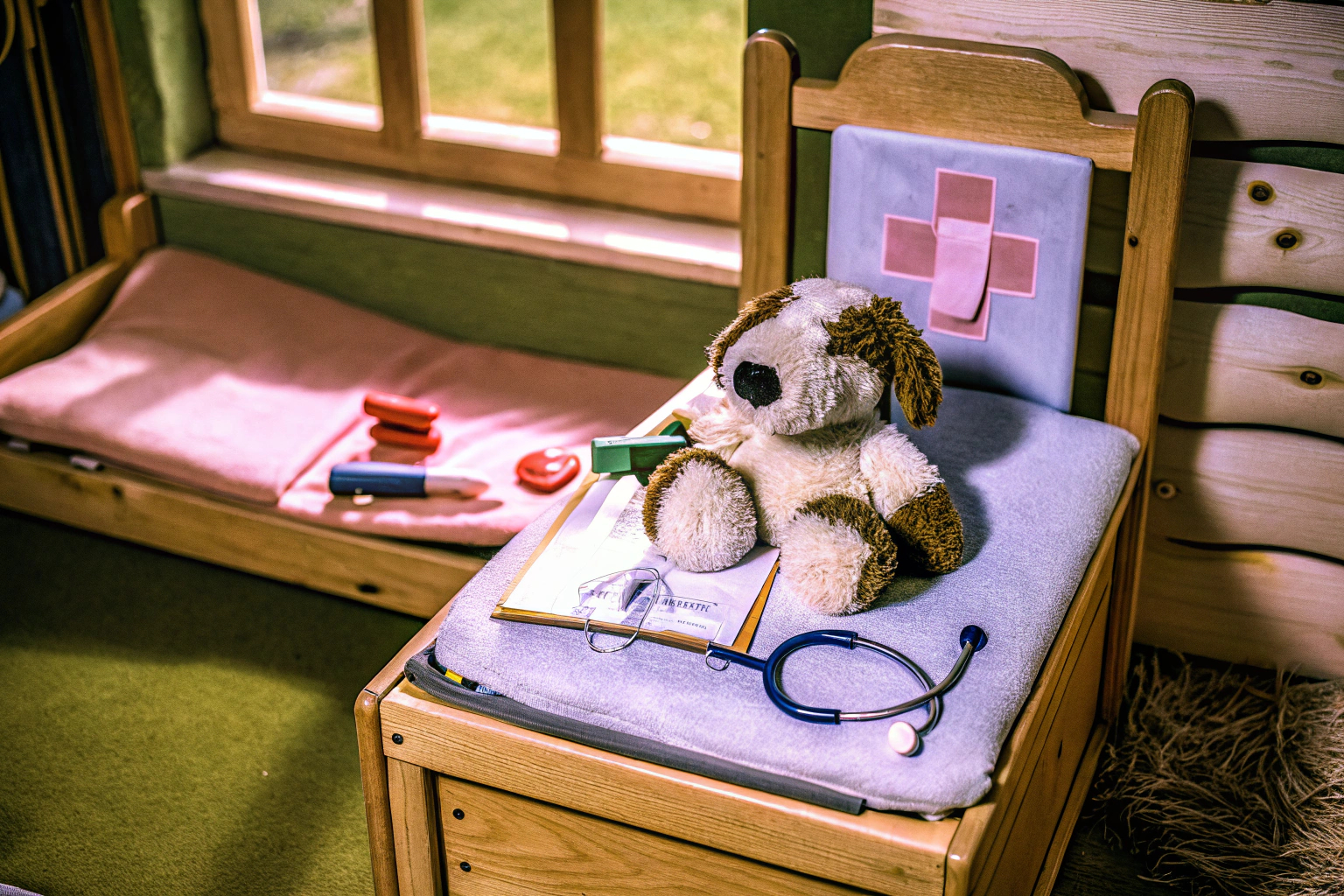 Kinder spielen mit einem hölzernen Tierarztset und versorgen einen Plüschhund. Kinder spielen Tierarzt mit Plüschhund