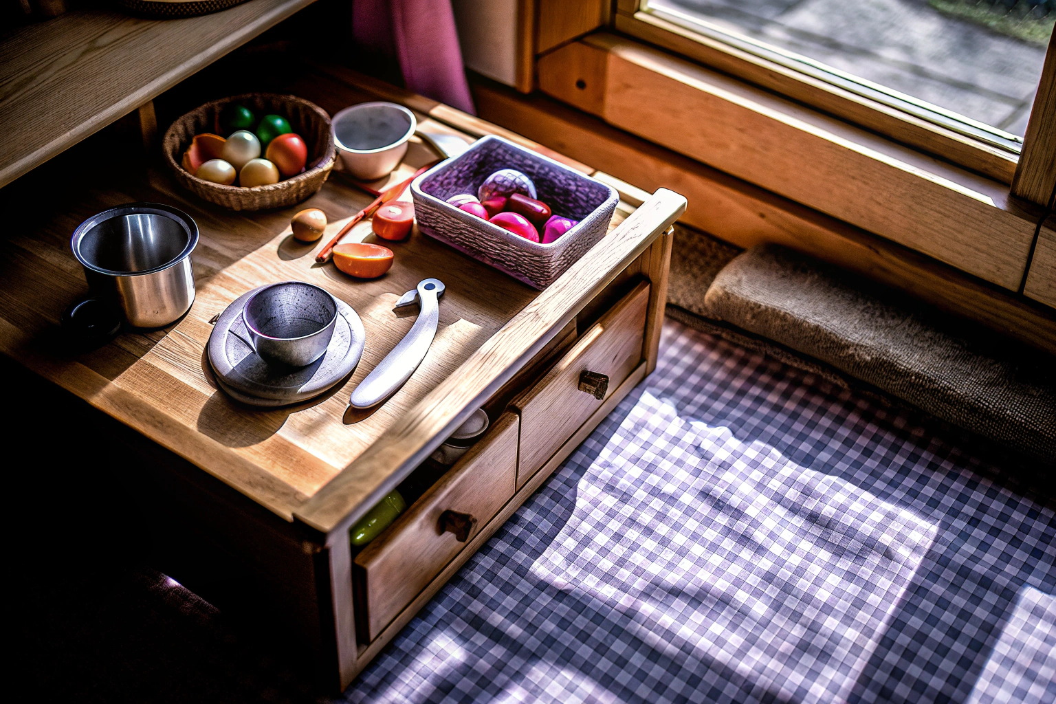 Kinder spielen mit einem Holz-Küchenset und schneiden Obst und Gemüse. Holz-Küchenset für Kinder