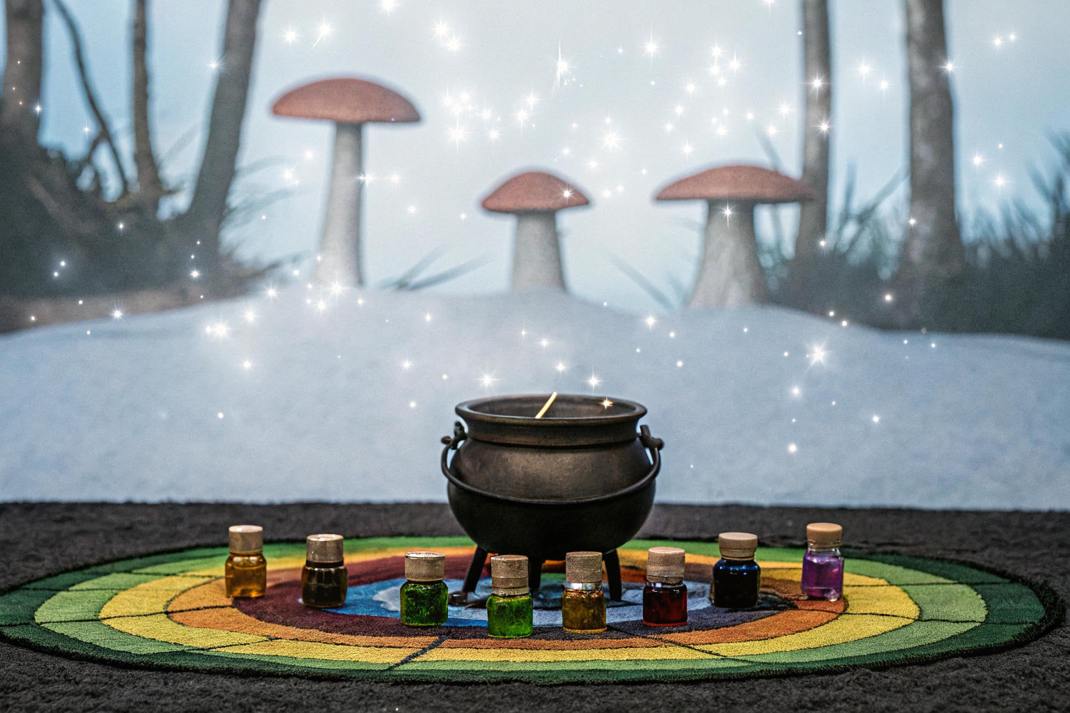 Kinder spielen mit einem magischen Zaubertrank-Set, umgeben von glitzernden Kristallen und bunten Fläschchen. Kinder beim Spielen mit einem Zaubertrank-Set