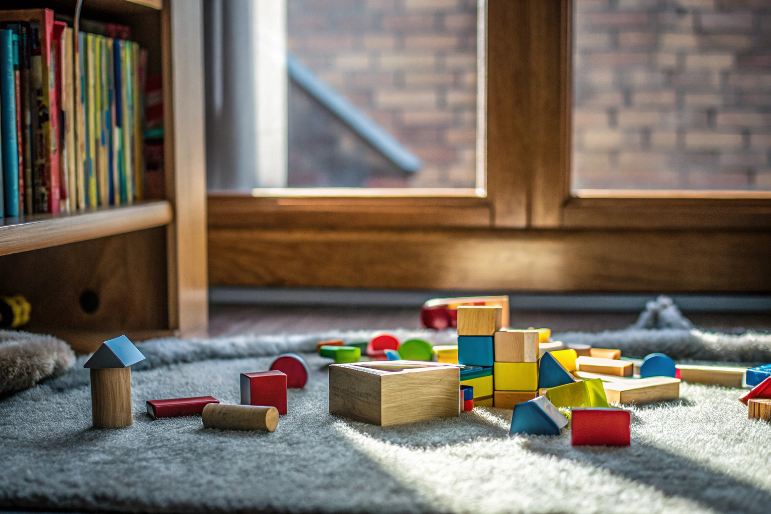 Kinder spielen mit einem Montessori Holzspielzeug und lernen Farben und Formen. Montessori Spielzeug