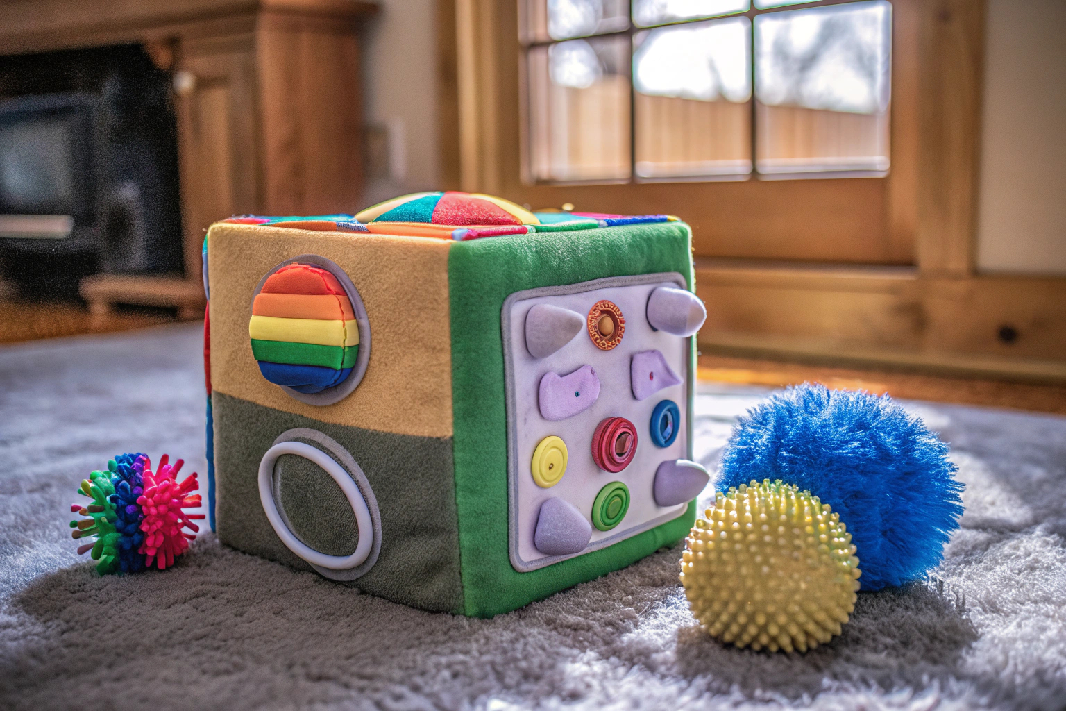 Kinder spielen mit einem sensorischen Aktivitätswürfel auf einem Teppich. Kinder spielen mit sensorischem Aktivitätswürfel