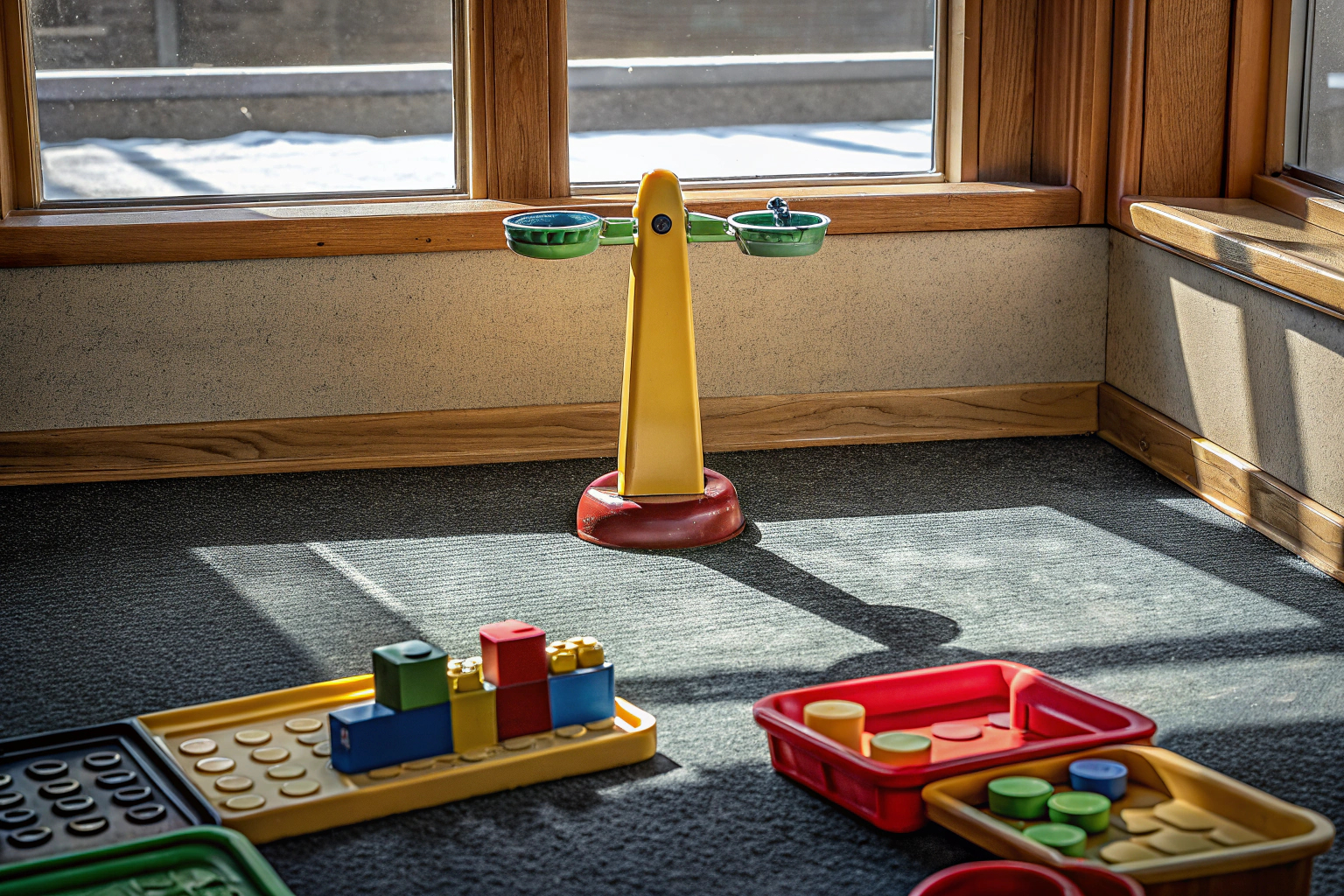 Kinder spielen mit einer bunten Waage und Zahlenblöcken, um mathematische Konzepte zu entdecken. Mathe-Spielzeug für Kinder