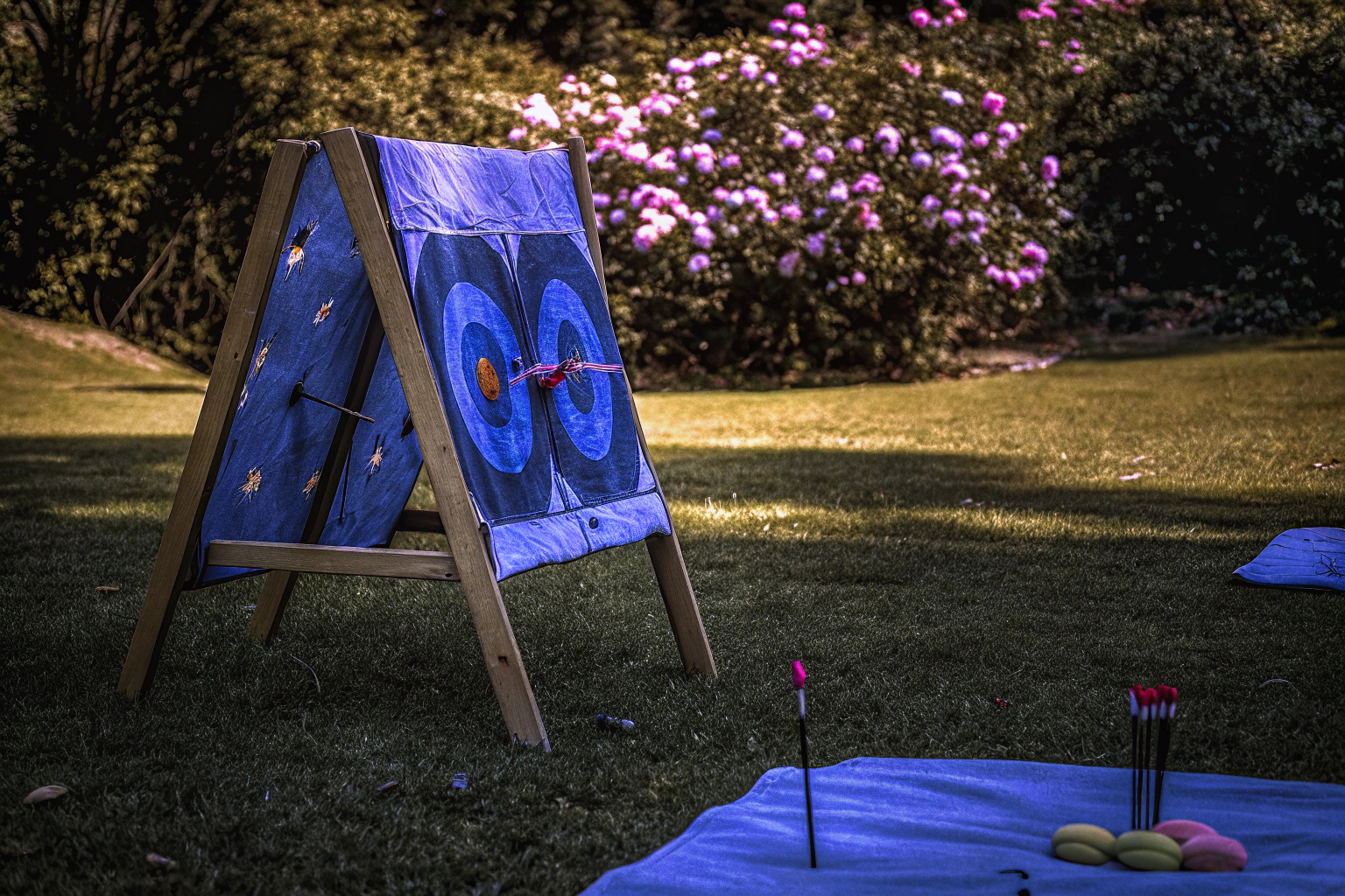 Kinder spielen mit einer Dartscheibe im Garten, die Hand-Auge-Koordination und sozialen Fähigkeiten fördert. Kinder spielen mit Dartscheibe