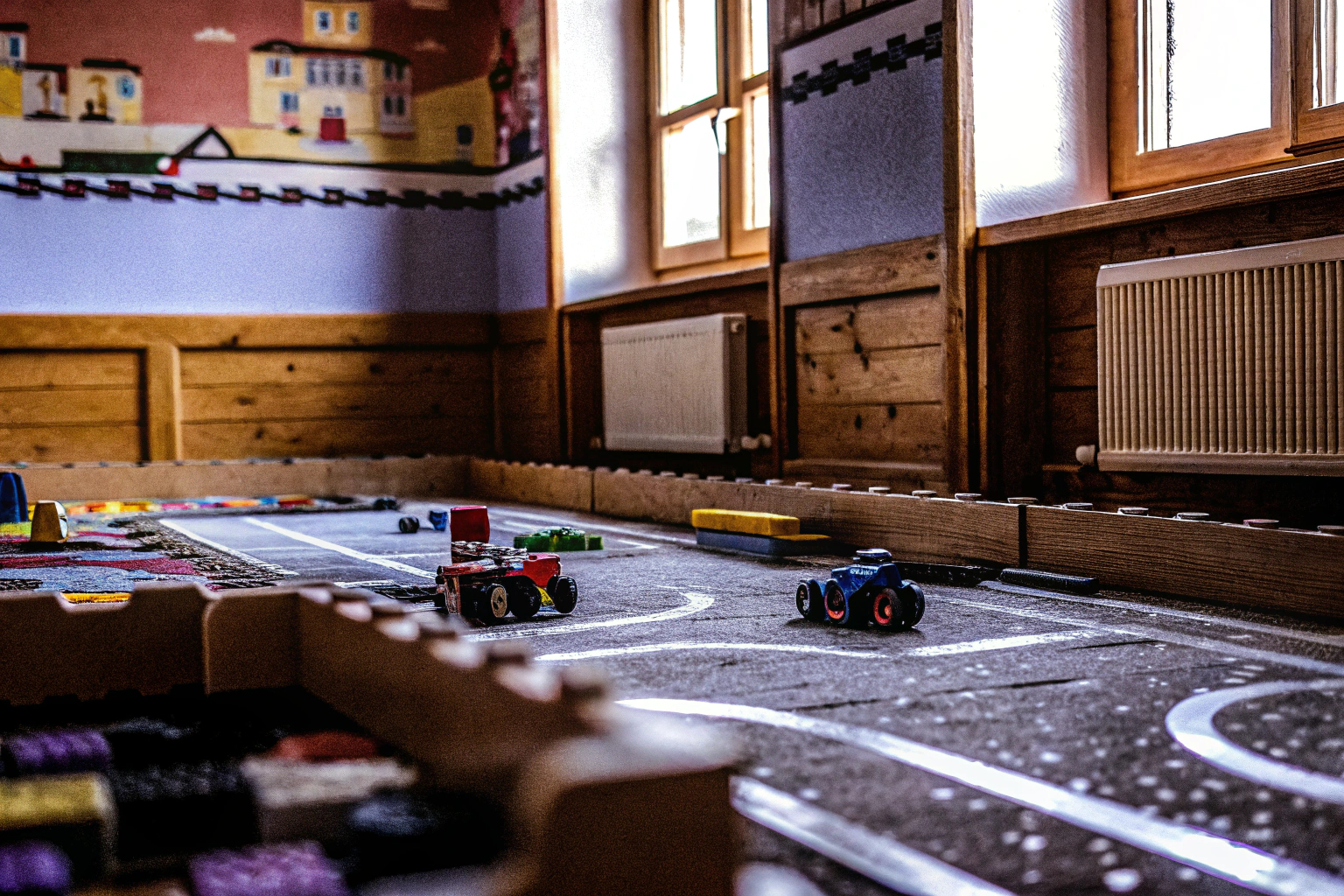 Kinder spielen mit LEGO Go-Karts in einem fantasievollen Rennen. Kinder spielen mit LEGO